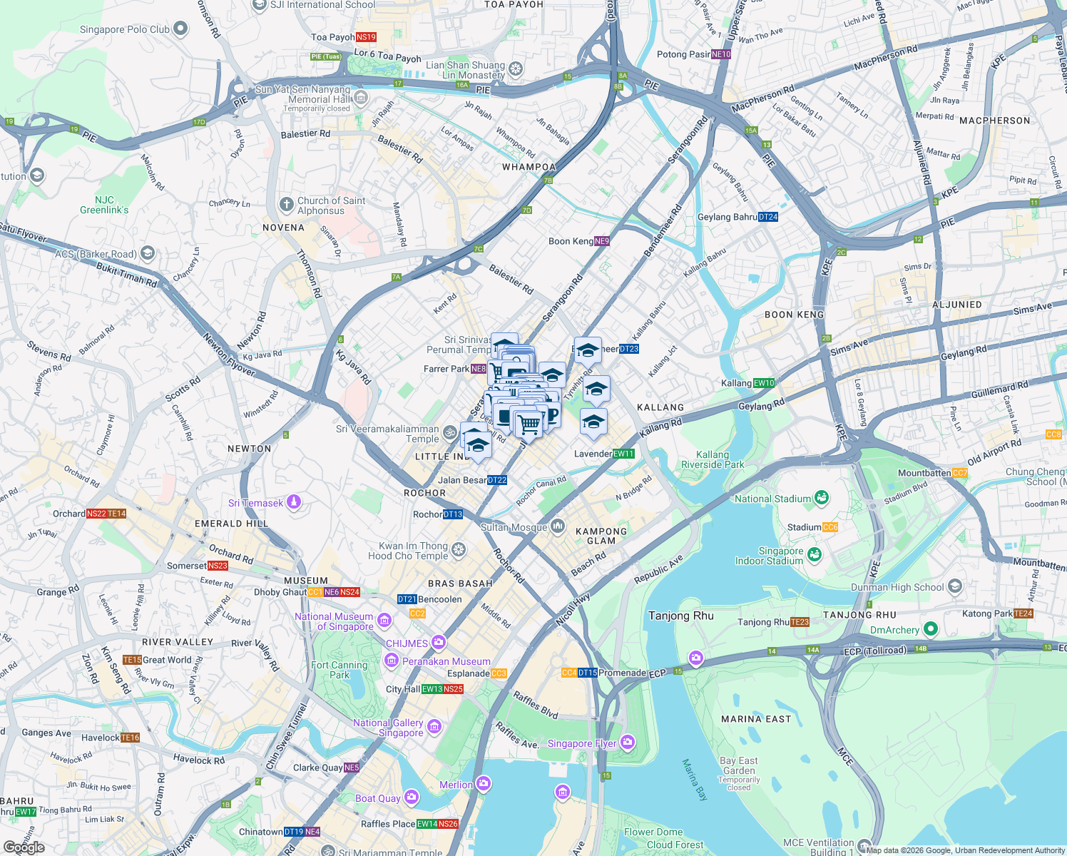 map of restaurants, bars, coffee shops, grocery stores, and more near Jalan Besar in Singapore