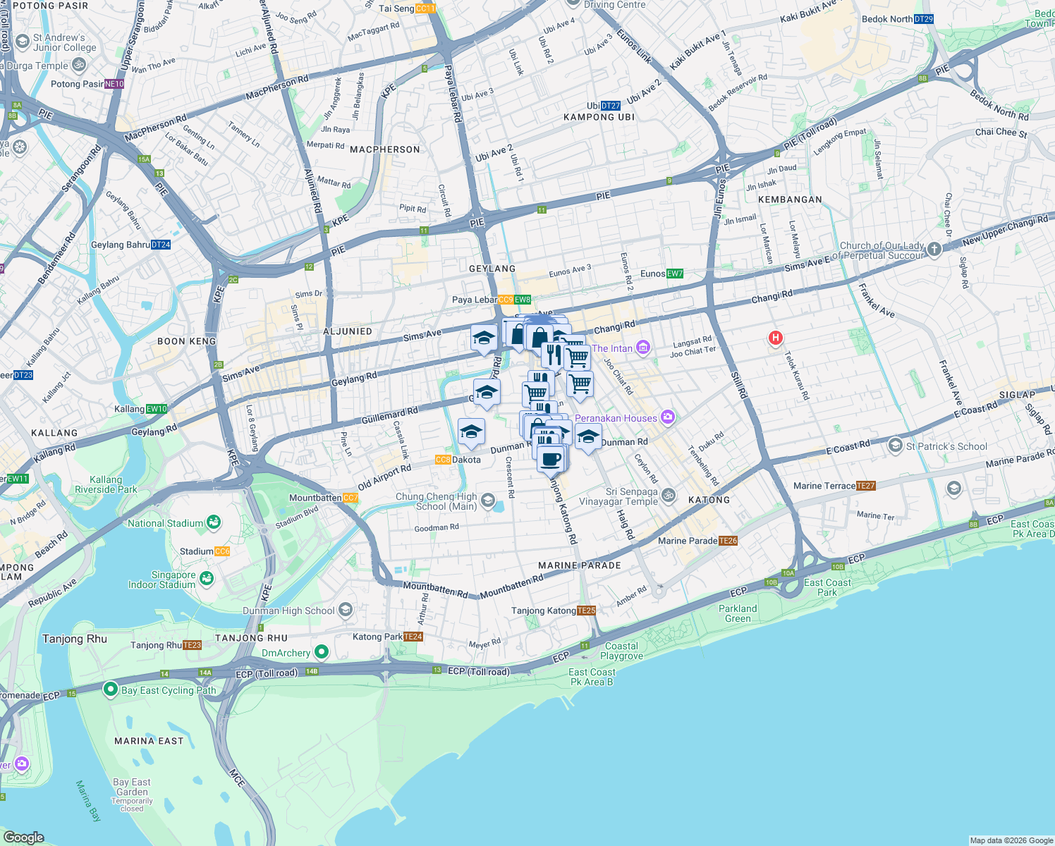 map of restaurants, bars, coffee shops, grocery stores, and more near in Singapore
