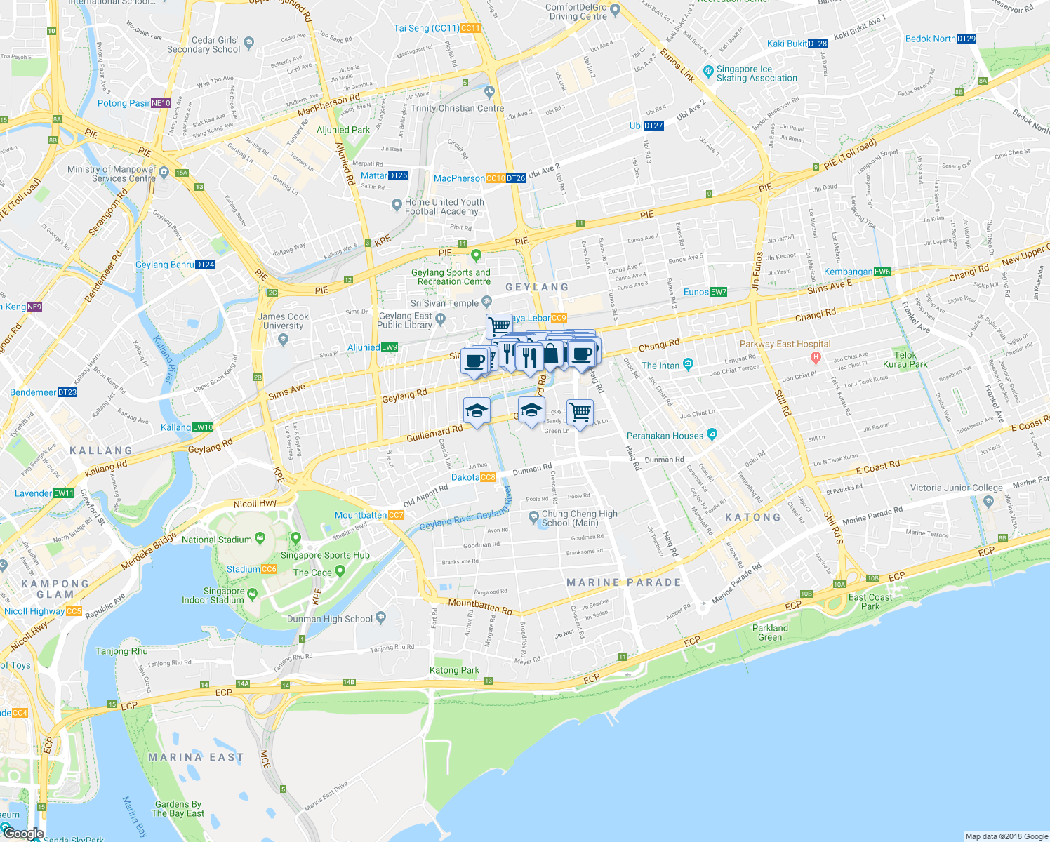 map of restaurants, bars, coffee shops, grocery stores, and more near in Singapore