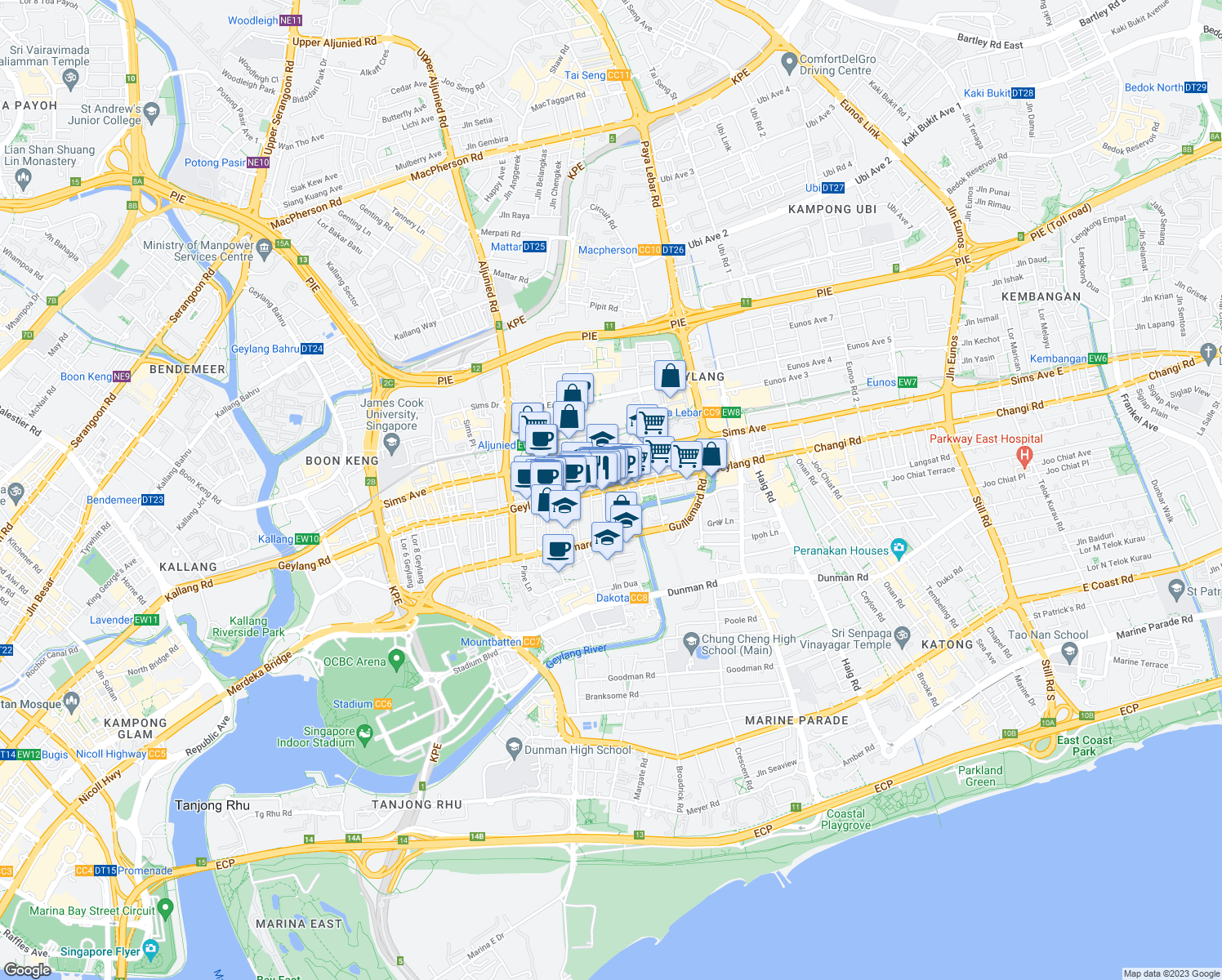 map of restaurants, bars, coffee shops, grocery stores, and more near in Singapore