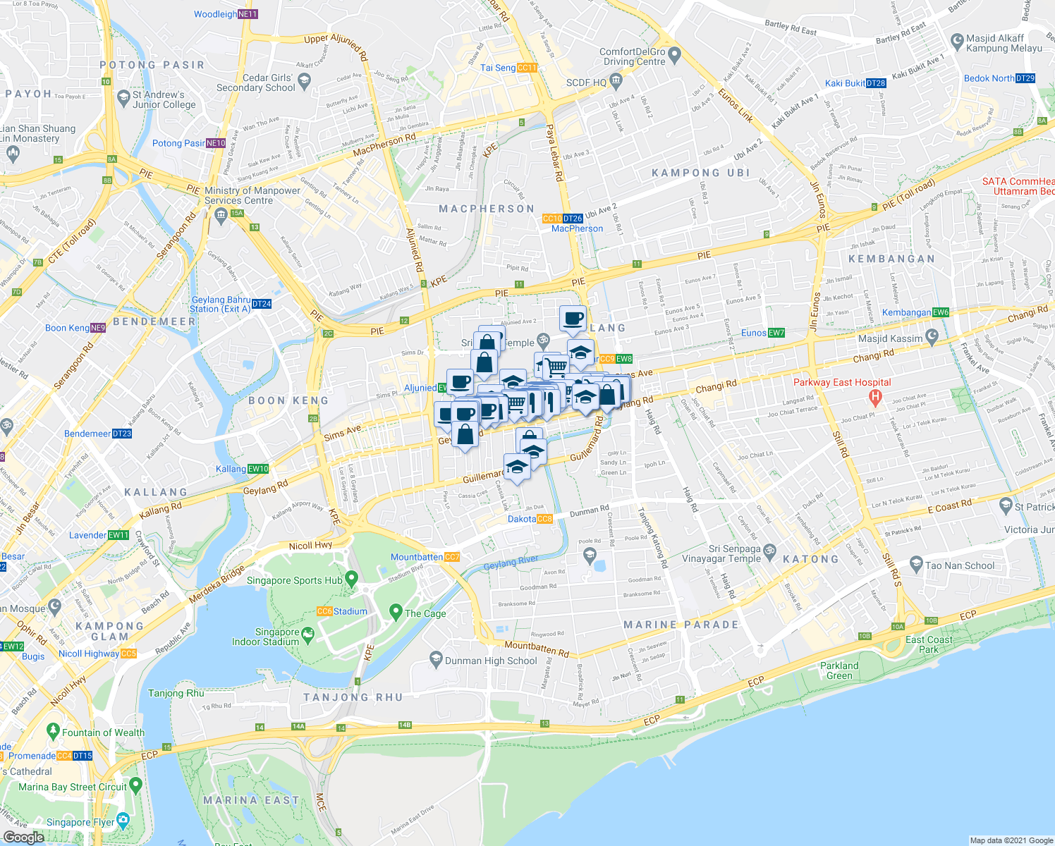 map of restaurants, bars, coffee shops, grocery stores, and more near in Singapore