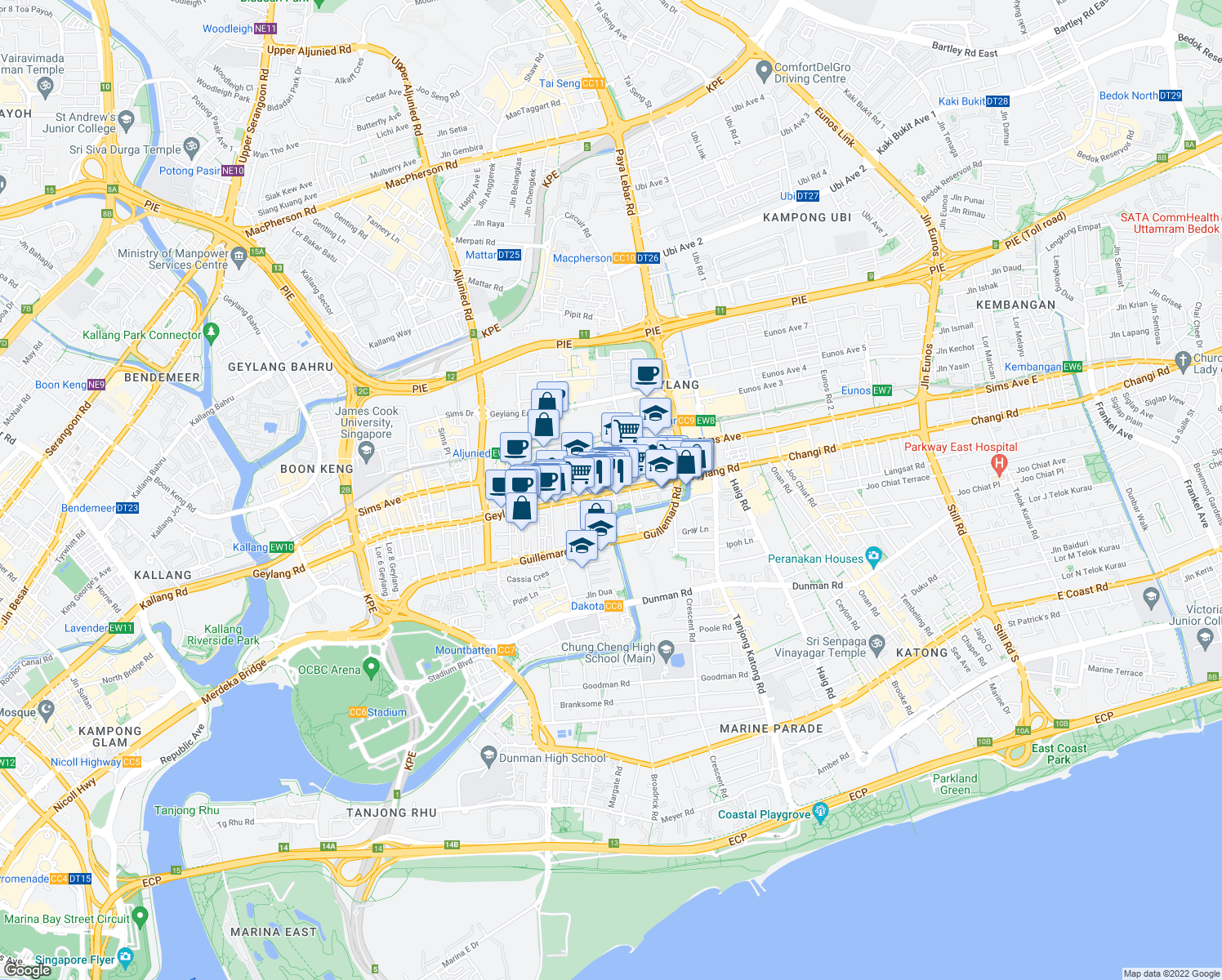 map of restaurants, bars, coffee shops, grocery stores, and more near in Singapore