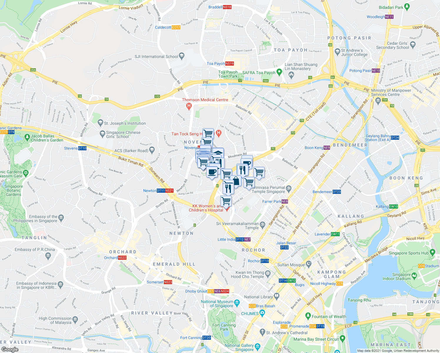 map of restaurants, bars, coffee shops, grocery stores, and more near in Singapore