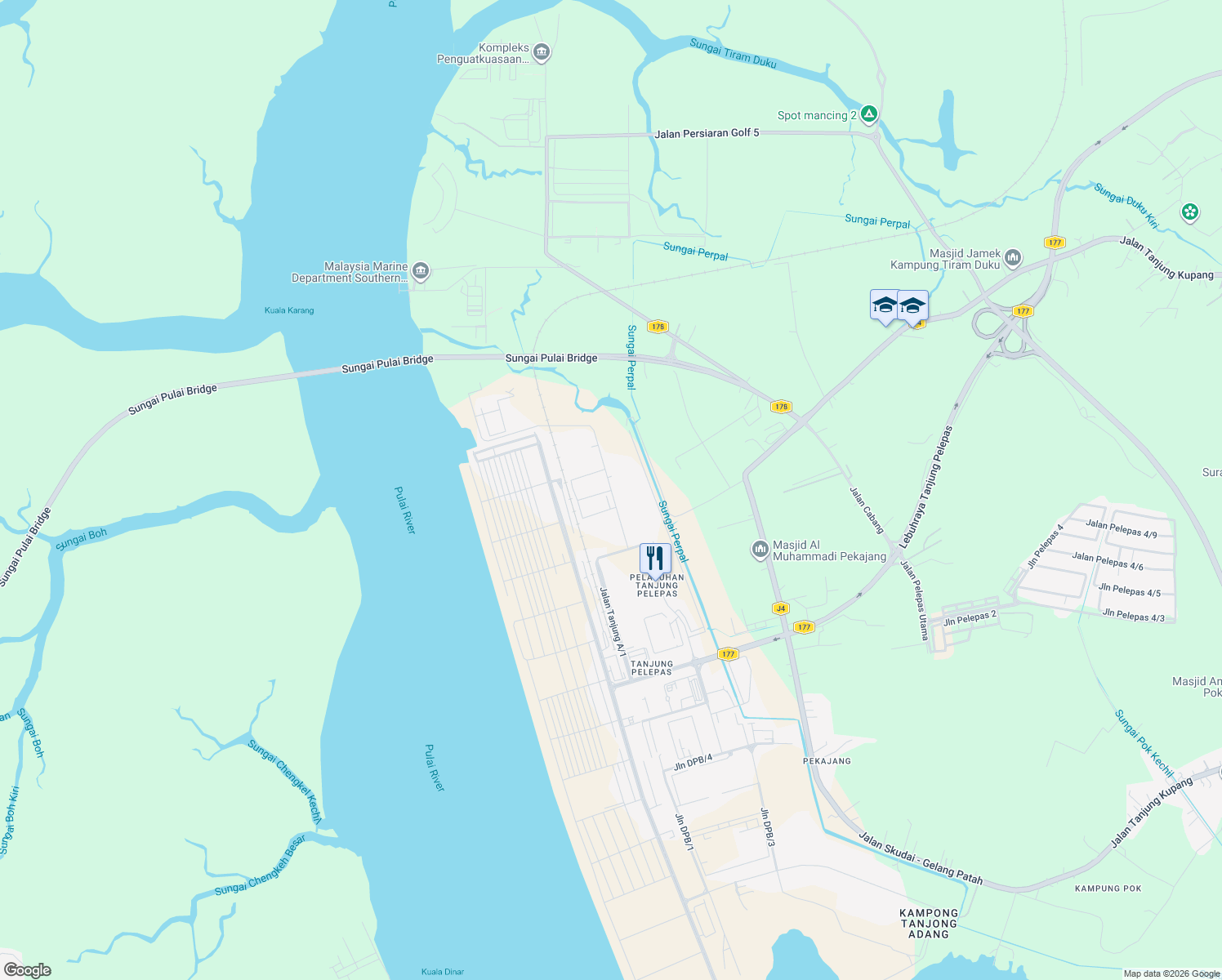 map of restaurants, bars, coffee shops, grocery stores, and more near Jalan Tanjung A/4 in Gelang Patah