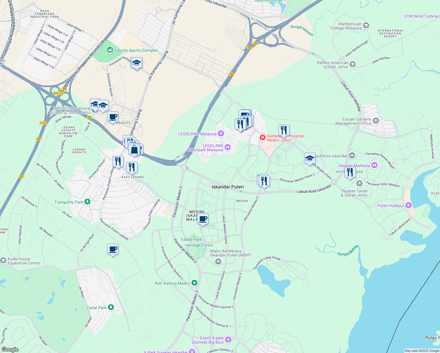 map of restaurants, bars, coffee shops, grocery stores, and more near 3 Persiaran Medini Utara 3 in Nusajaya