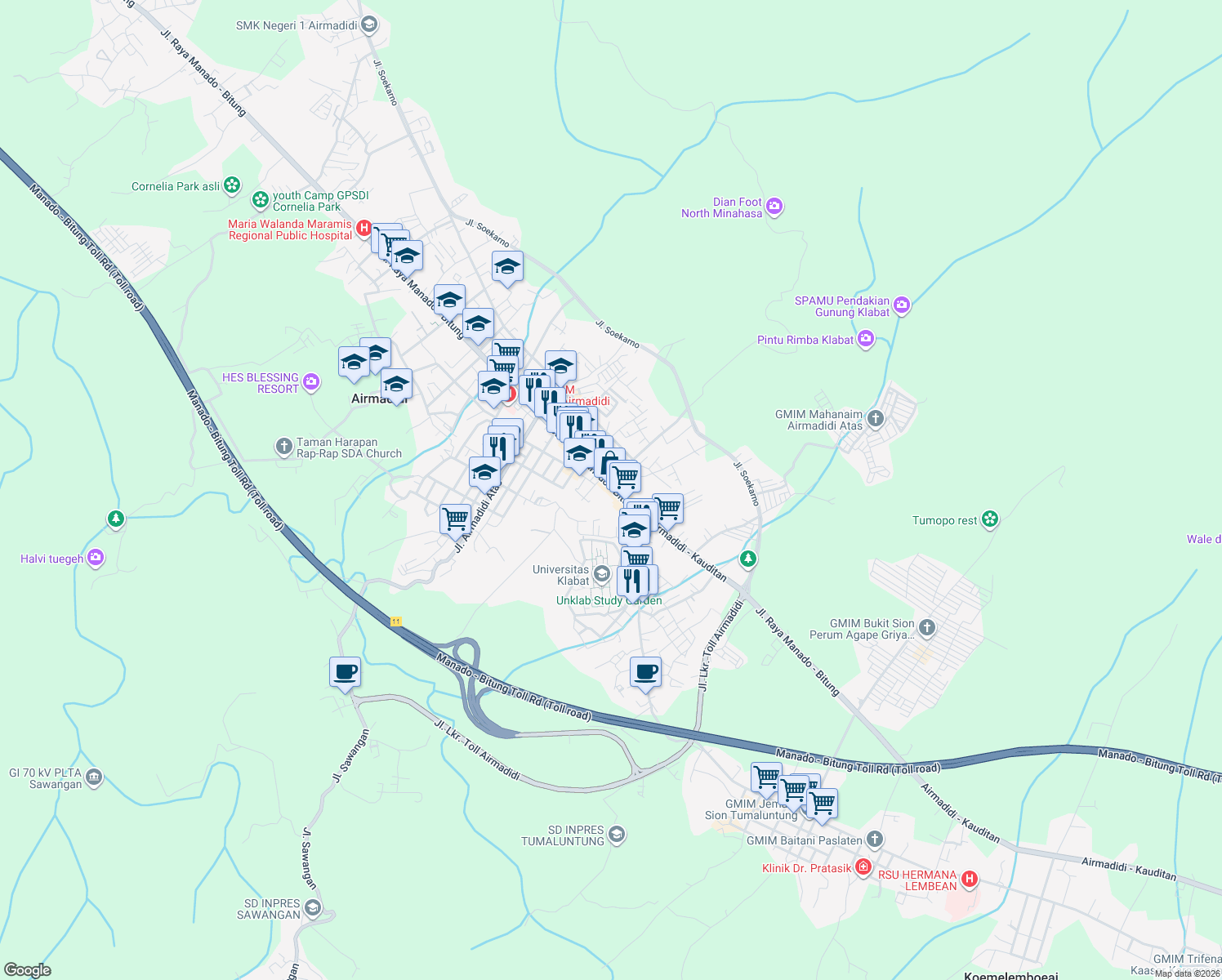 map of restaurants, bars, coffee shops, grocery stores, and more near Jalan Arnold Mononutu, Sarongsong, Kab. Minahasa Utara in North Minahasa