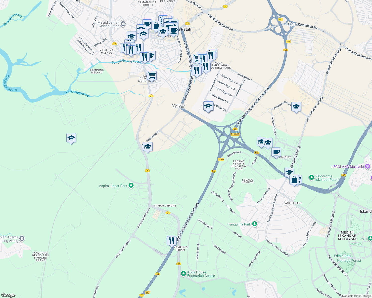 map of restaurants, bars, coffee shops, grocery stores, and more near 1 Persiaran Teknologi Perintis in Iskandar Puteri