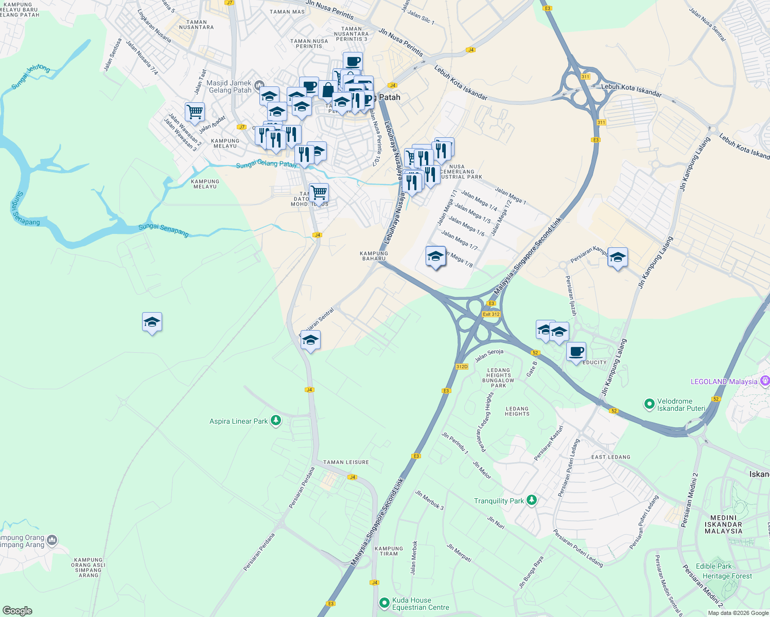 map of restaurants, bars, coffee shops, grocery stores, and more near Jalan Teknologi Perintis 1 in Iskandar Puteri