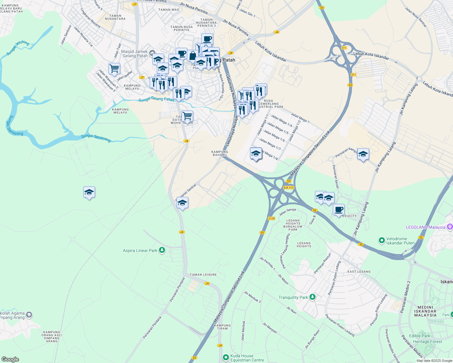 map of restaurants, bars, coffee shops, grocery stores, and more near 1 Persiaran Teknologi Perintis in Iskandar Puteri