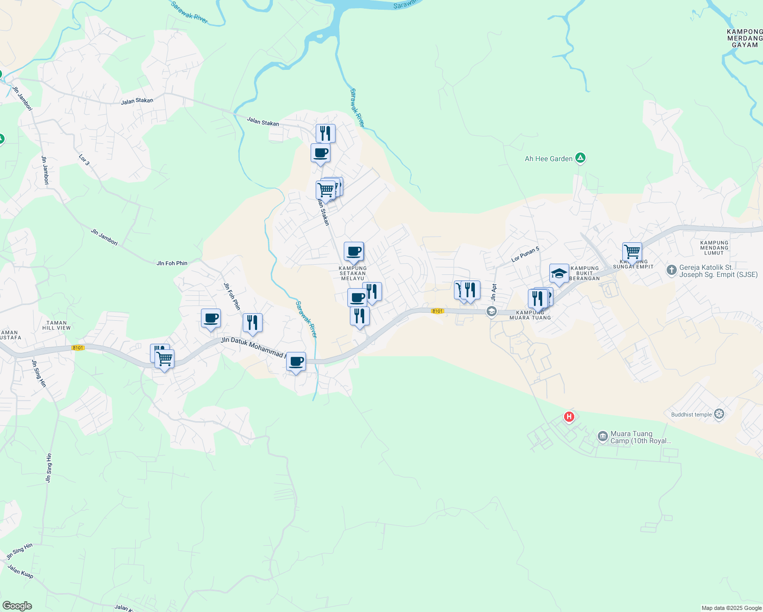 map of restaurants, bars, coffee shops, grocery stores, and more near Lorong Bukit Stigang 5 in Kota Samarahan