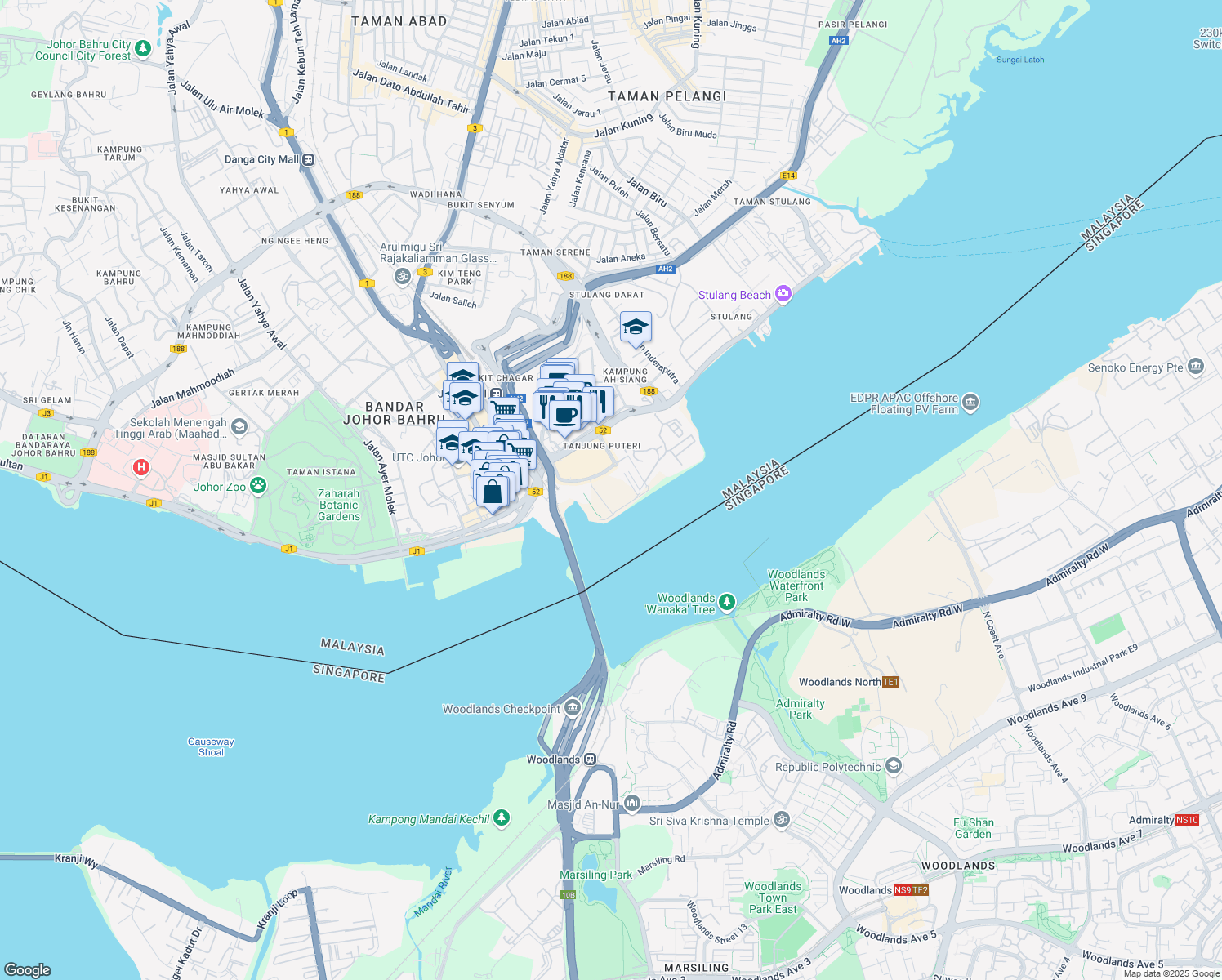 map of restaurants, bars, coffee shops, grocery stores, and more near 1 R&F in Johor Bahru
