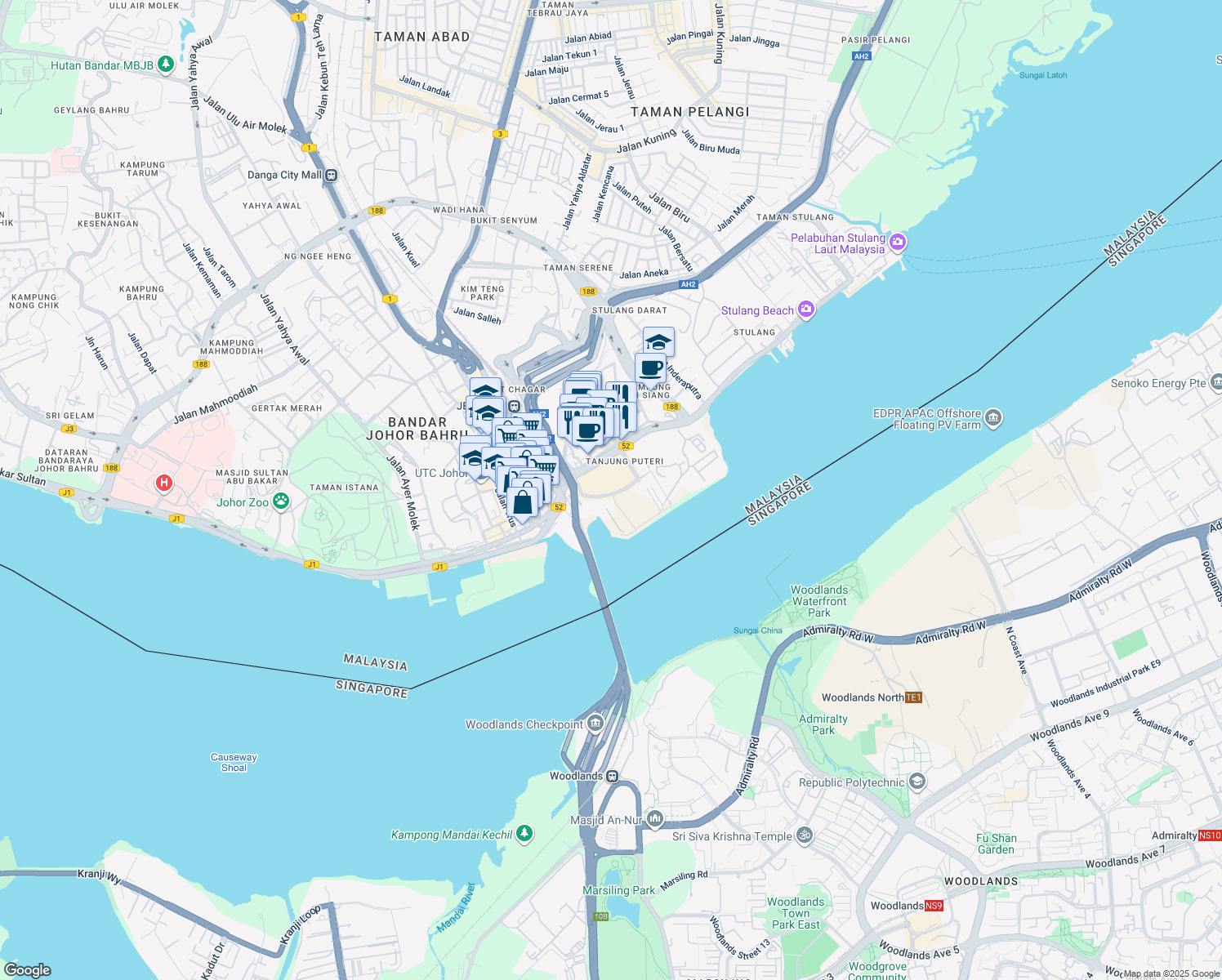 map of restaurants, bars, coffee shops, grocery stores, and more near 1 R&F in Johor Bahru