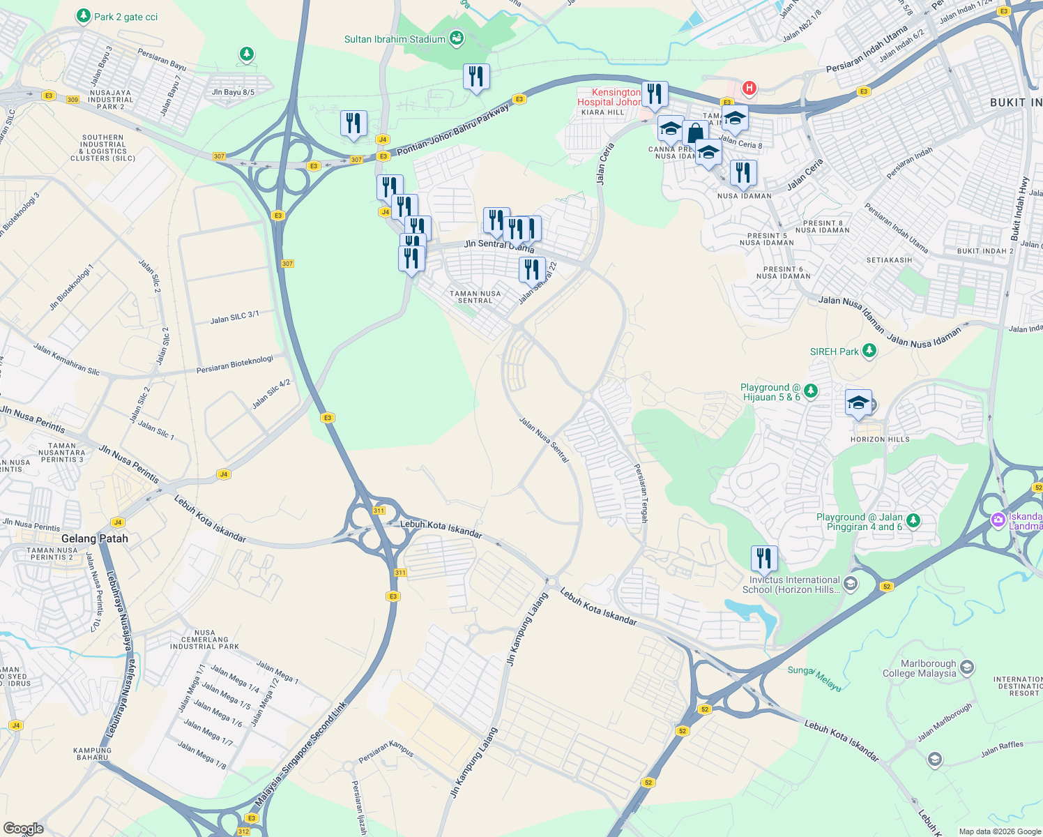 map of restaurants, bars, coffee shops, grocery stores, and more near Jalan Nusa Sentral in Iskandar Puteri
