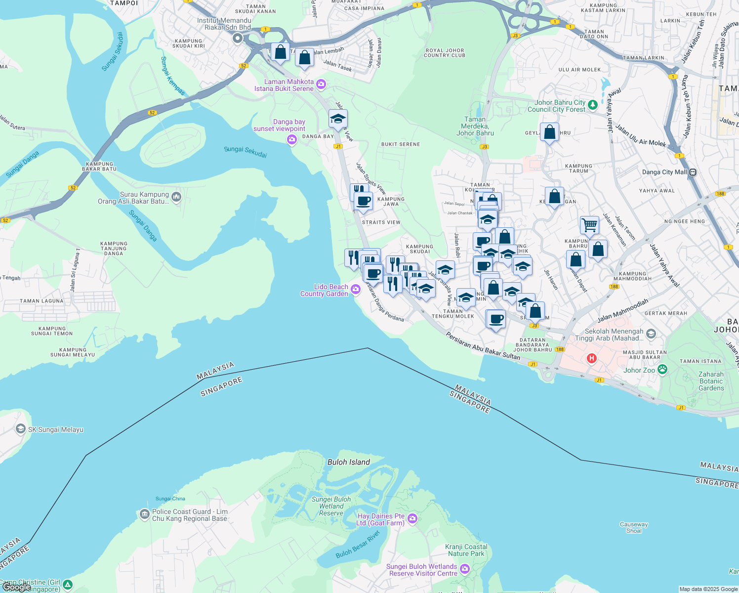 map of restaurants, bars, coffee shops, grocery stores, and more near Persiaran Danga Perdana in Johor Bahru