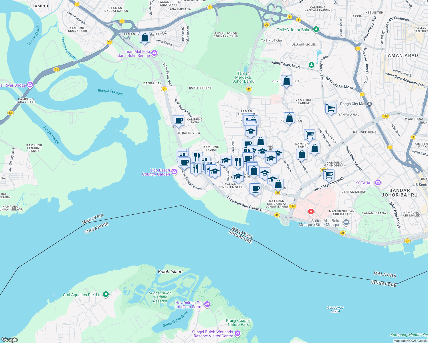 map of restaurants, bars, coffee shops, grocery stores, and more near Jalan Straits View 6 in Johor Bahru