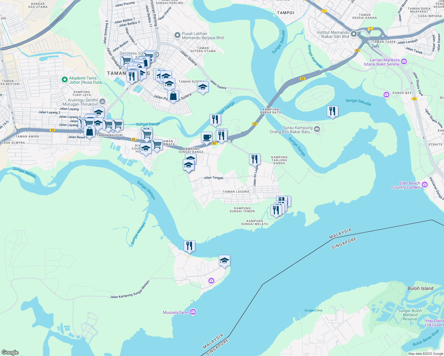 map of restaurants, bars, coffee shops, grocery stores, and more near Jalan Tengah in Johor Bahru