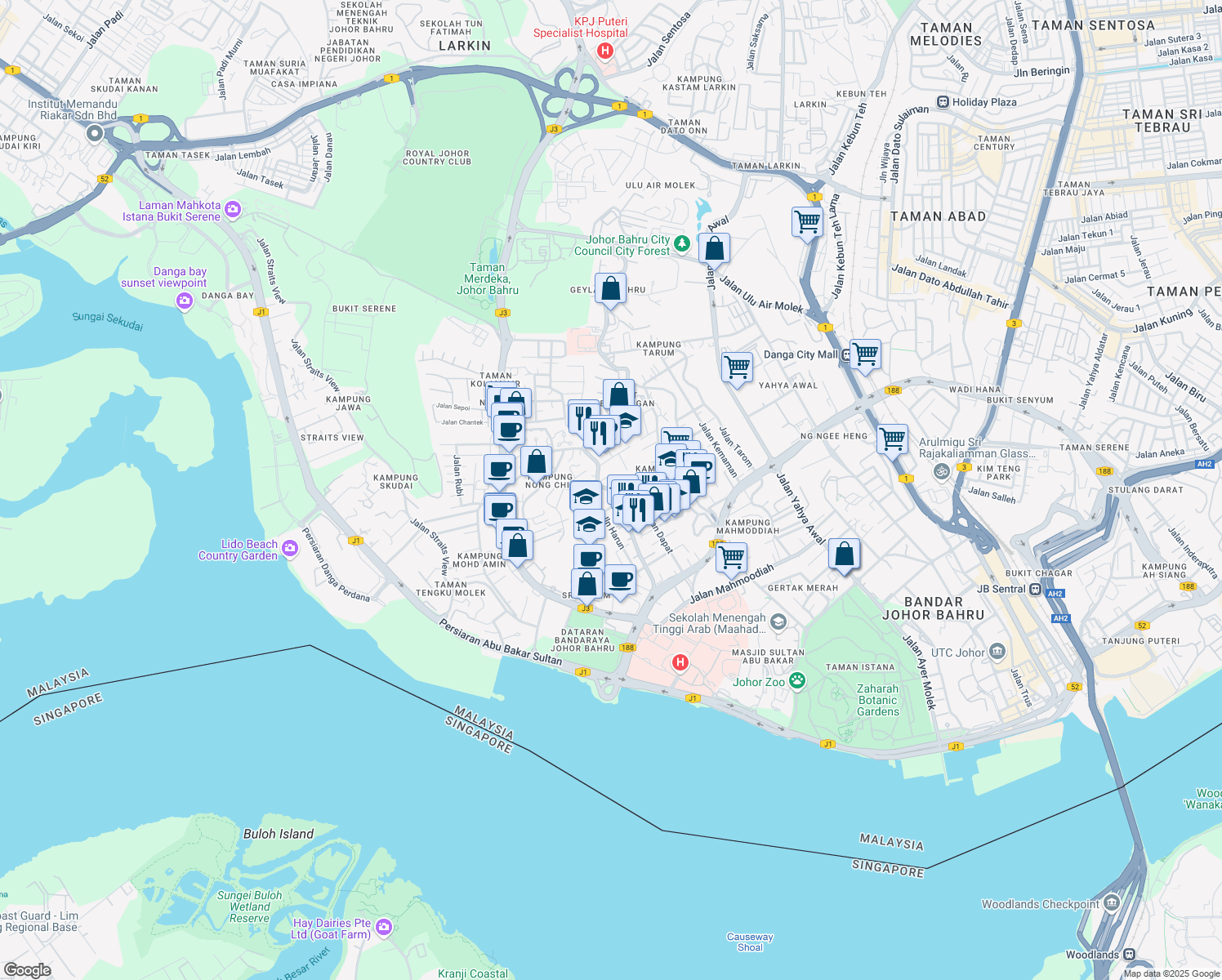 map of restaurants, bars, coffee shops, grocery stores, and more near Jalan Abdul Samad in Johor Bahru