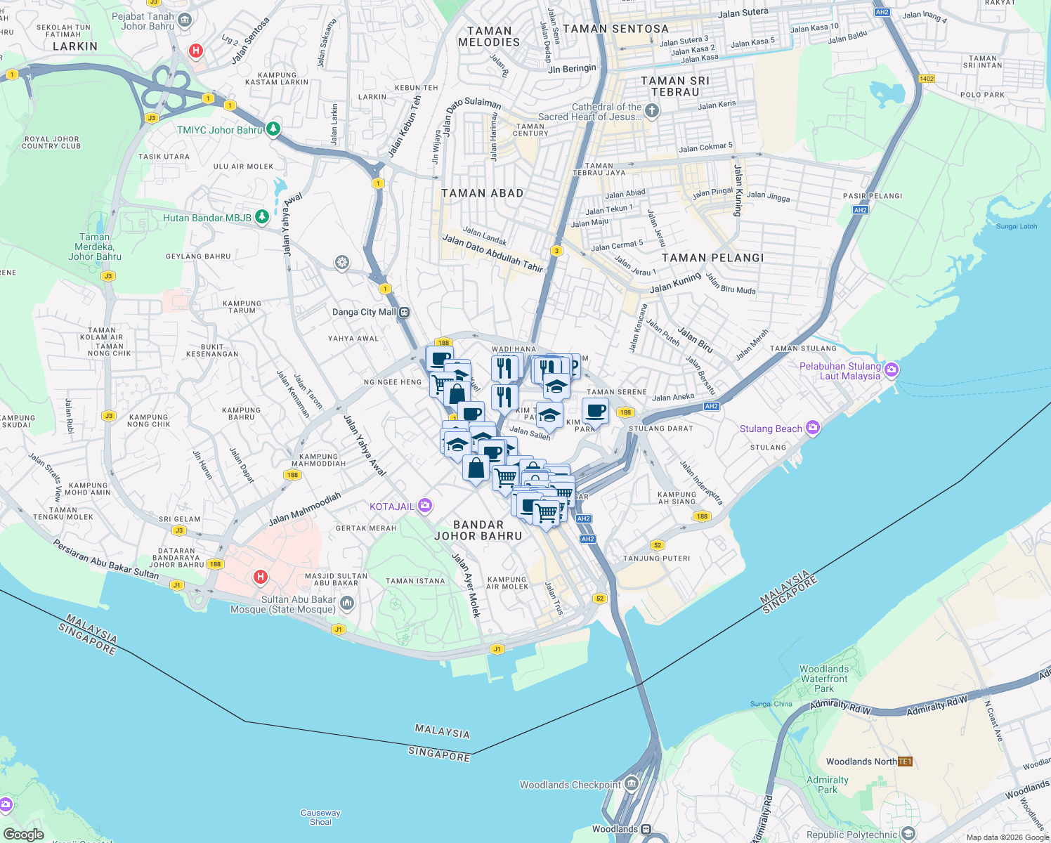 map of restaurants, bars, coffee shops, grocery stores, and more near Jalan Intan in Johor Bahru