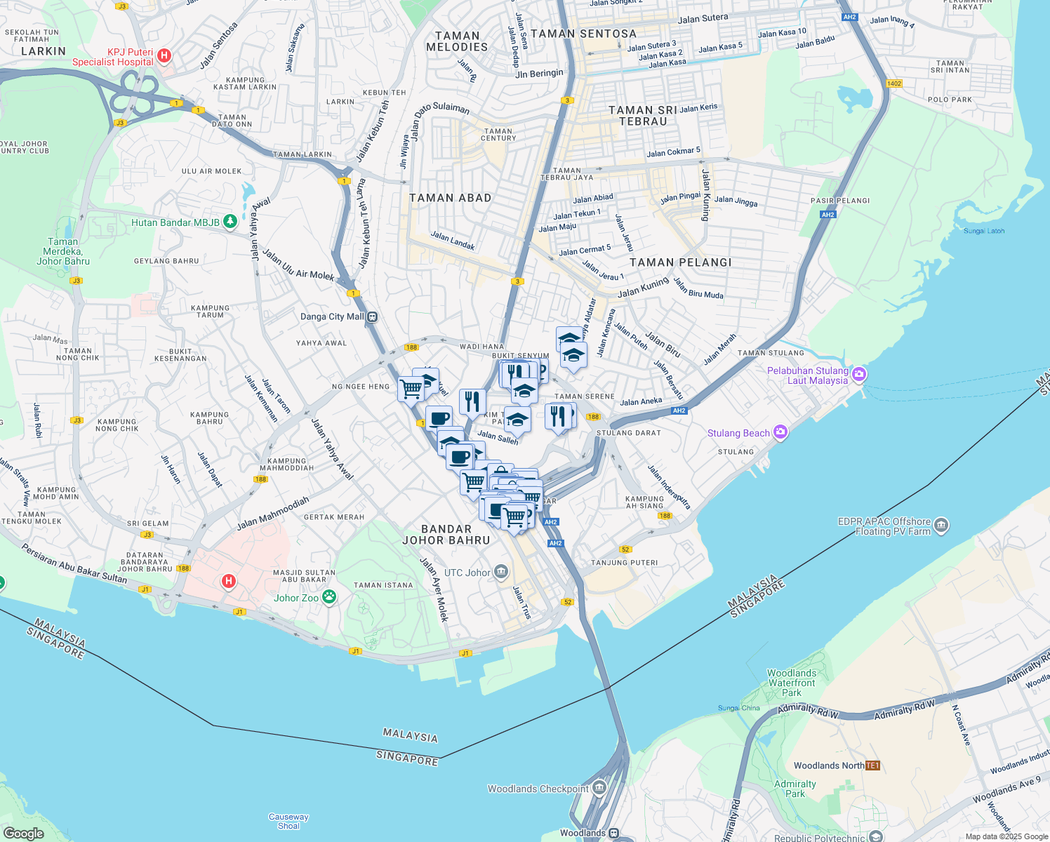 map of restaurants, bars, coffee shops, grocery stores, and more near Jalan Ungku Aziz in Johor Bahru