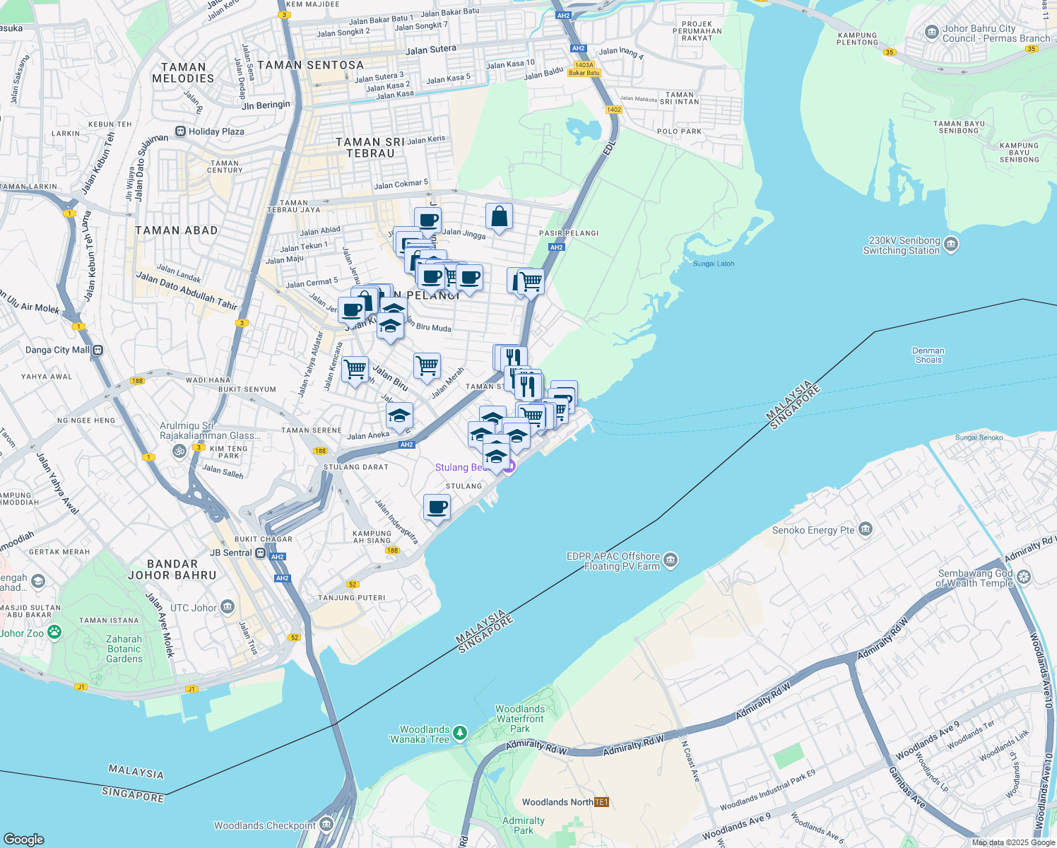 map of restaurants, bars, coffee shops, grocery stores, and more near 2 Jalan Stulang Laut in Johor Bahru