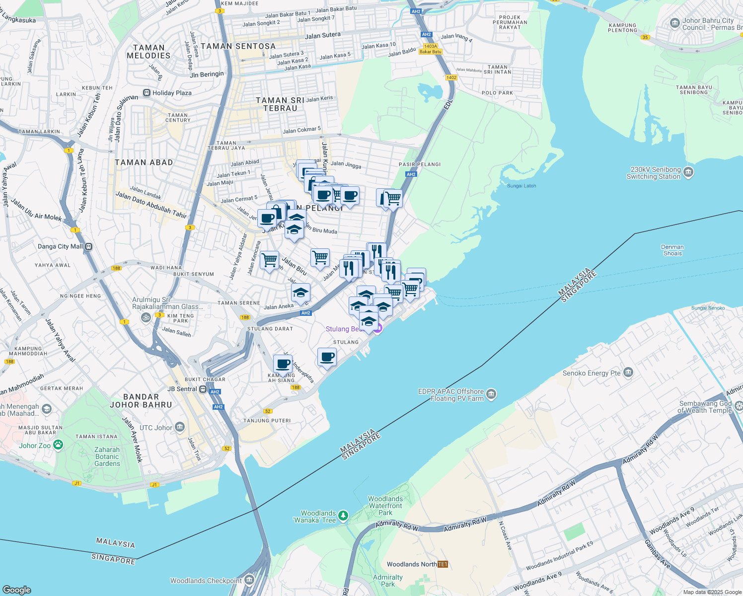 map of restaurants, bars, coffee shops, grocery stores, and more near 2 Jalan Stulang Laut in Johor Bahru