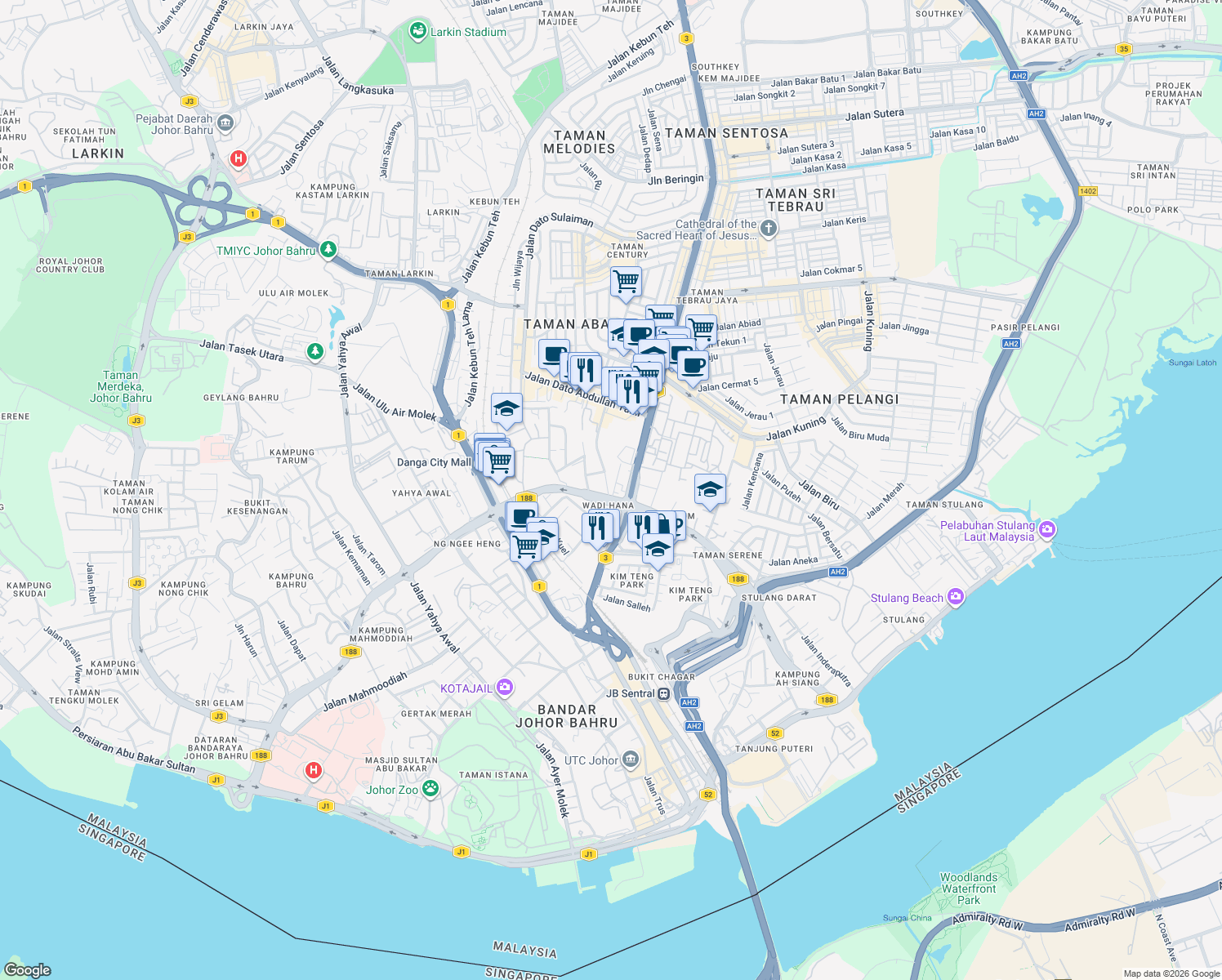 map of restaurants, bars, coffee shops, grocery stores, and more near 21 Jalan Wadi Hana in Johor Bahru
