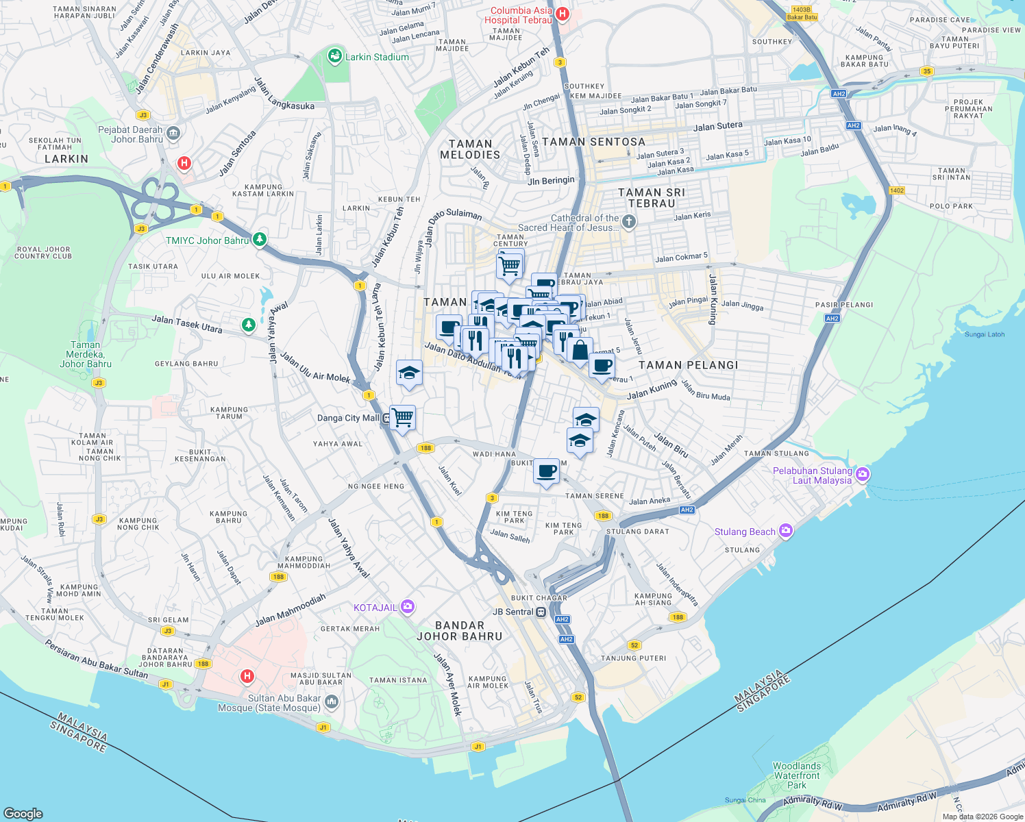map of restaurants, bars, coffee shops, grocery stores, and more near 21 Jalan Wadi Hana in Johor Bahru