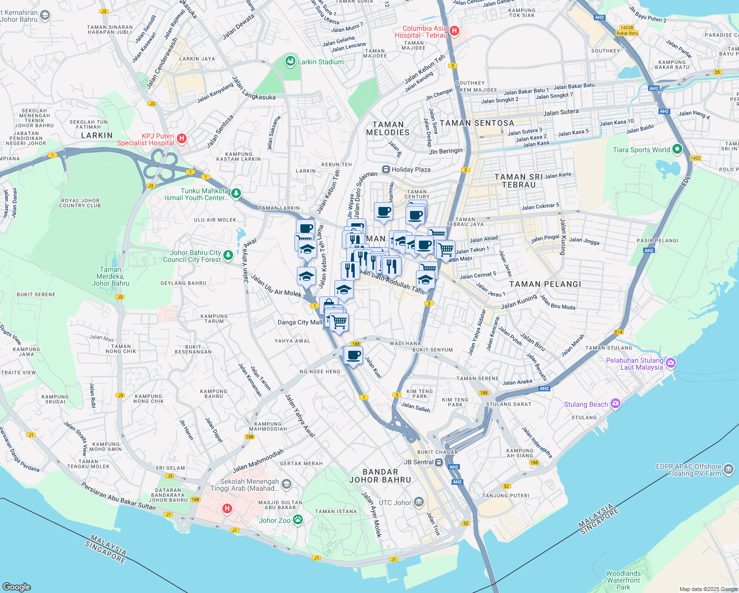 map of restaurants, bars, coffee shops, grocery stores, and more near Jalan Sekolah Arab in Johor Bahru
