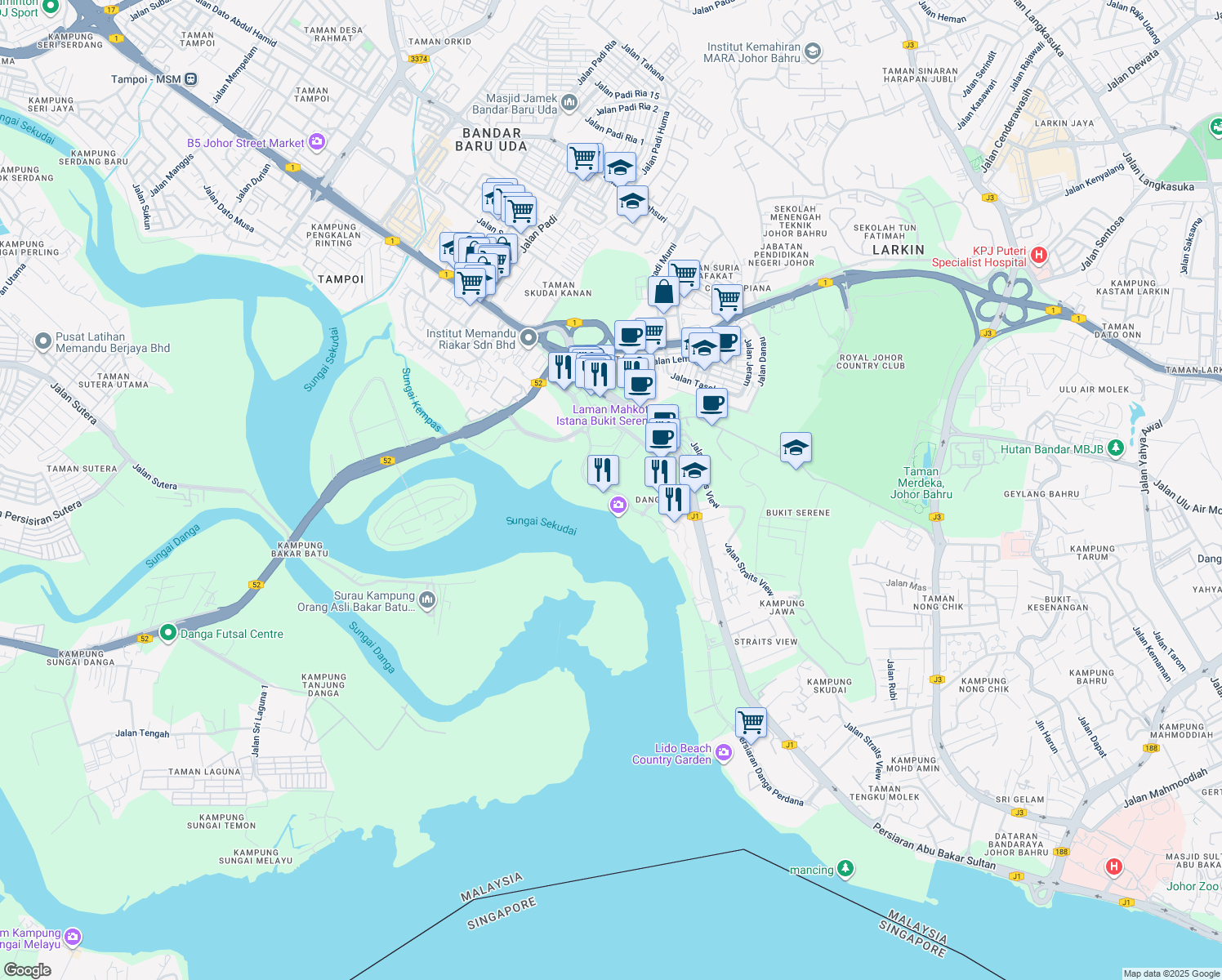 map of restaurants, bars, coffee shops, grocery stores, and more near Persiaran Danga Perdana in Johor Bahru
