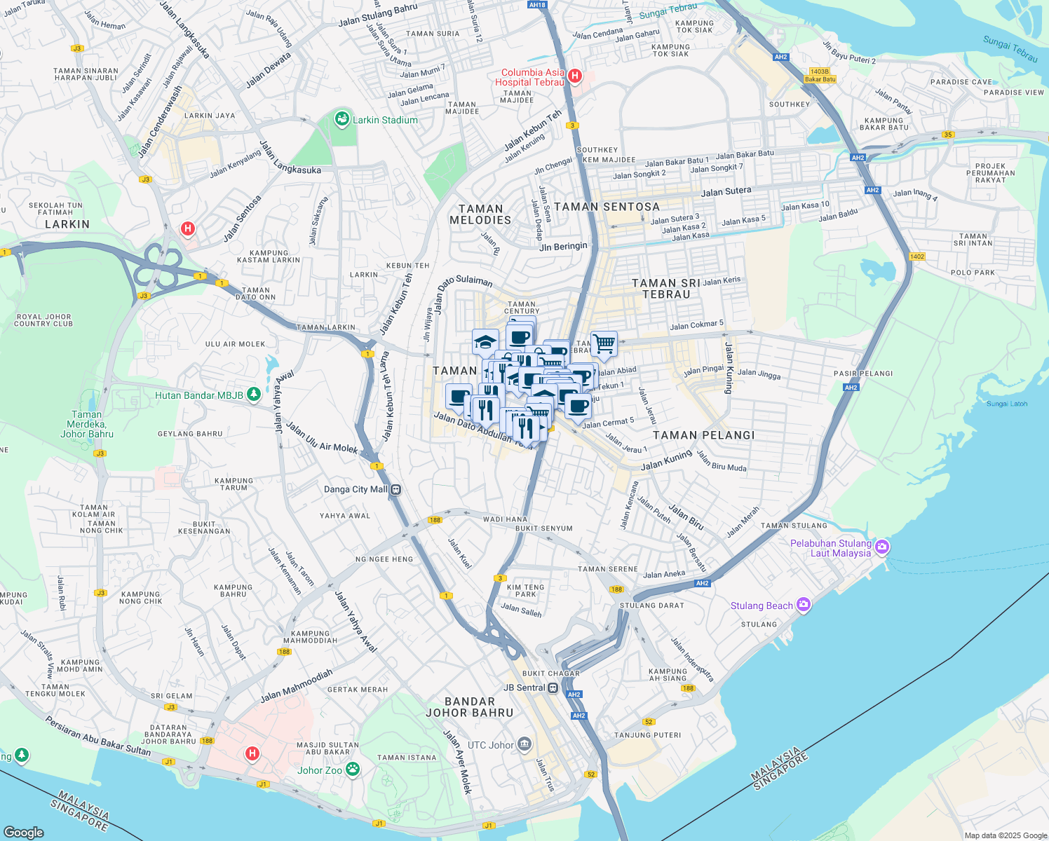 map of restaurants, bars, coffee shops, grocery stores, and more near Jalan Harimau Belang in Johor Bahru