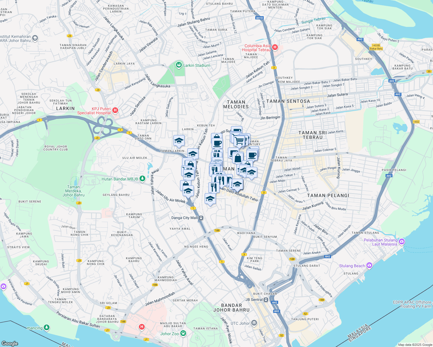 map of restaurants, bars, coffee shops, grocery stores, and more near in Johor Bahru