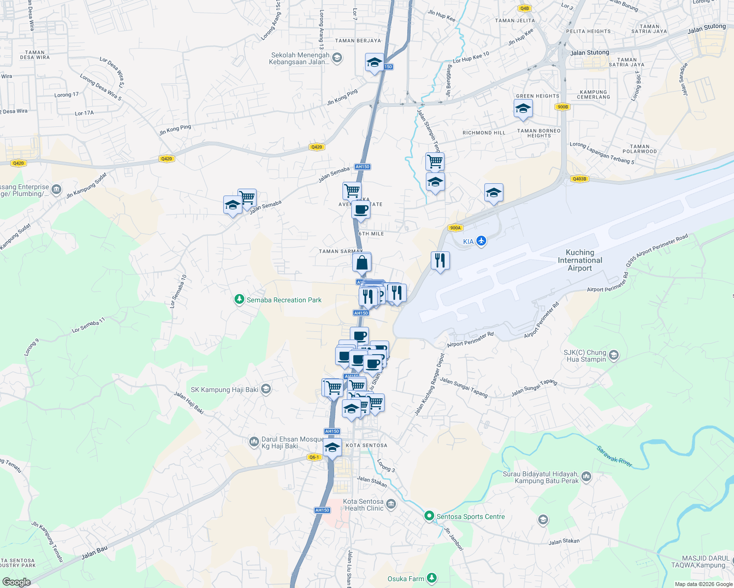 map of restaurants, bars, coffee shops, grocery stores, and more near Bulatan Batu Enam in Kuching