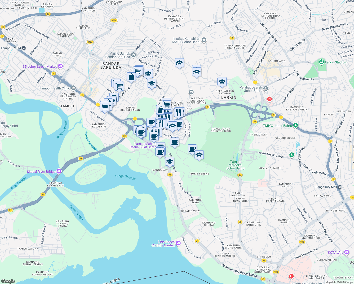 map of restaurants, bars, coffee shops, grocery stores, and more near Jalan Kolam in Johor Bahru
