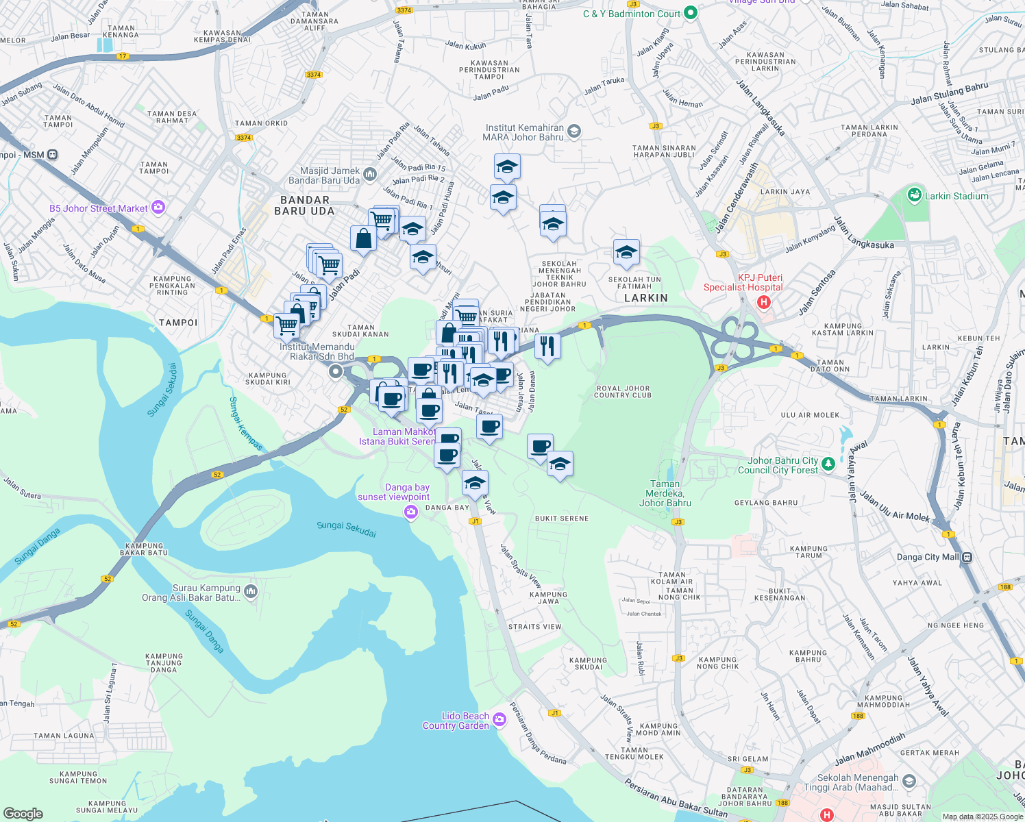 map of restaurants, bars, coffee shops, grocery stores, and more near 1 Jalan Jeram in Johor Bahru