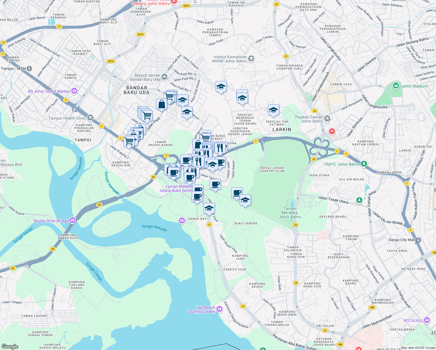 map of restaurants, bars, coffee shops, grocery stores, and more near 1 Jalan Jeram in Johor Bahru