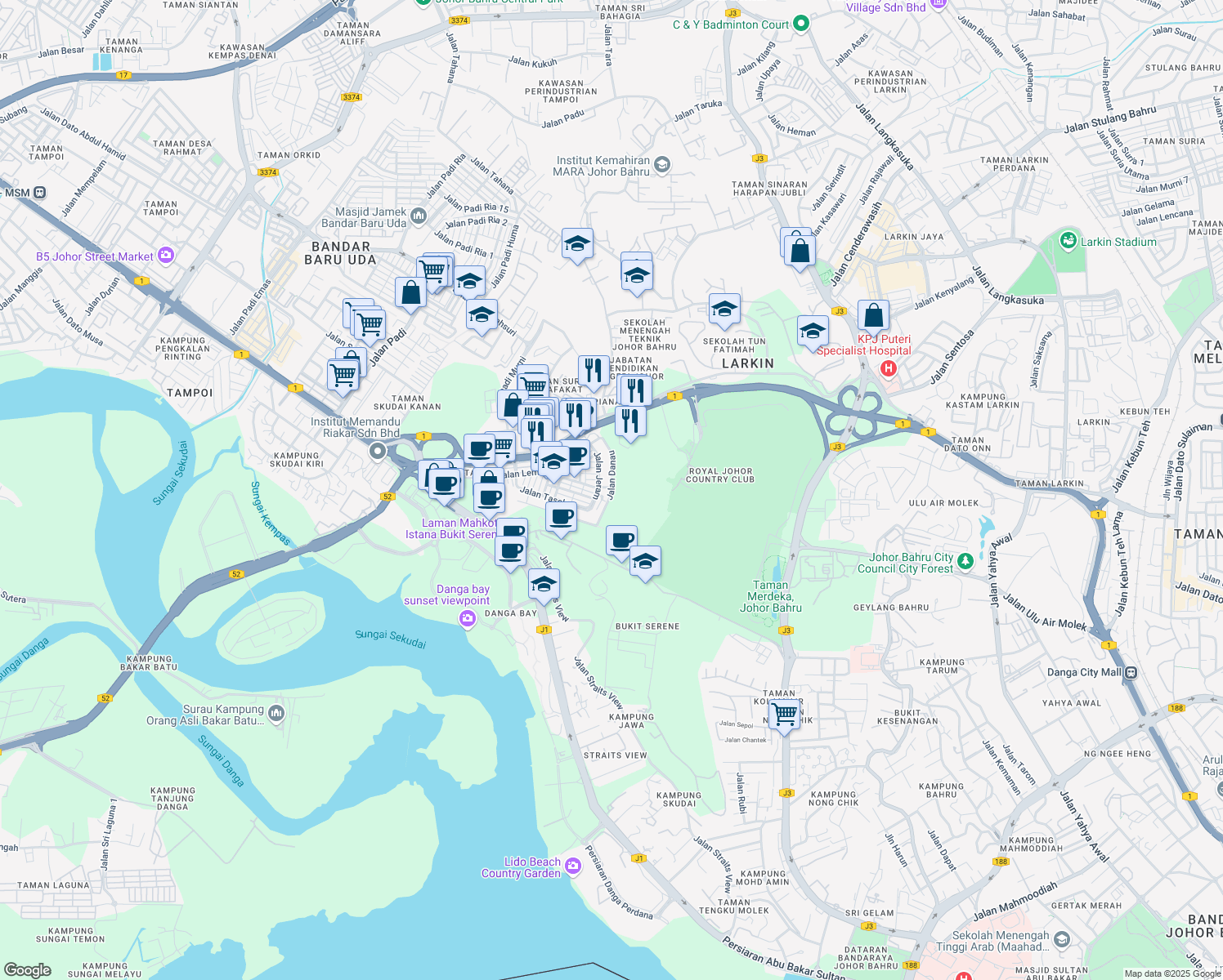 map of restaurants, bars, coffee shops, grocery stores, and more near Jalan Danau in Johor Bahru