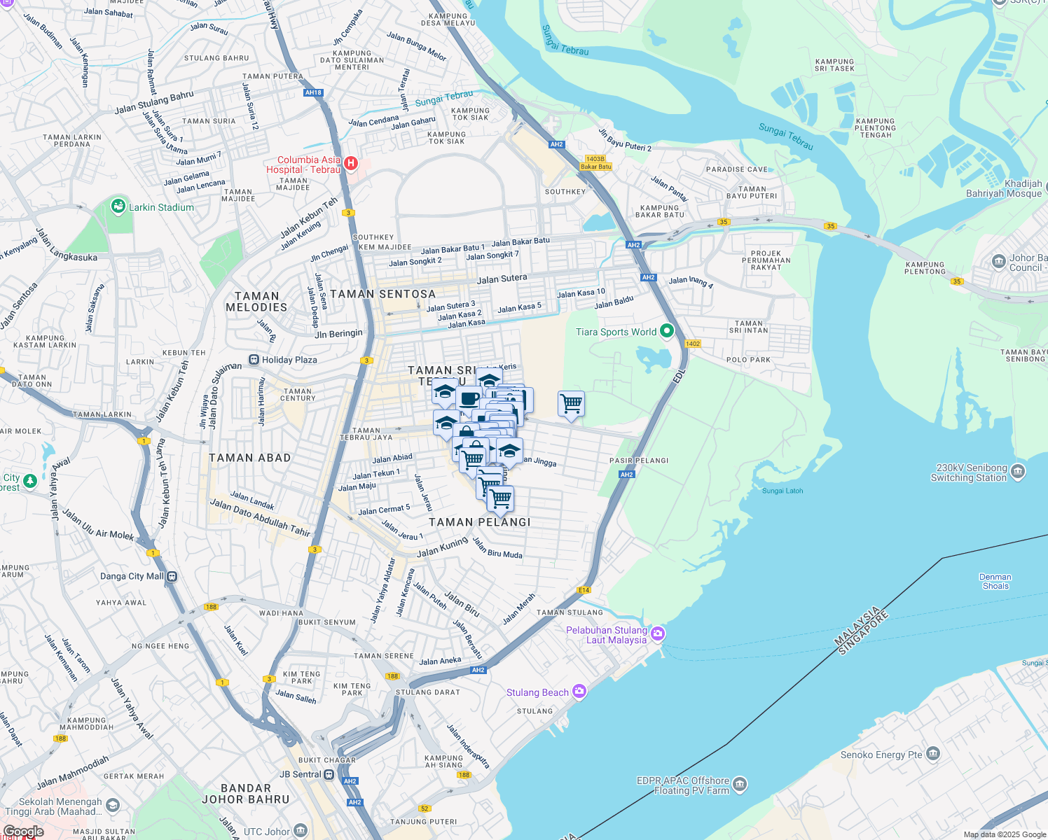 map of restaurants, bars, coffee shops, grocery stores, and more near Jalan Serampang in Johor Bahru