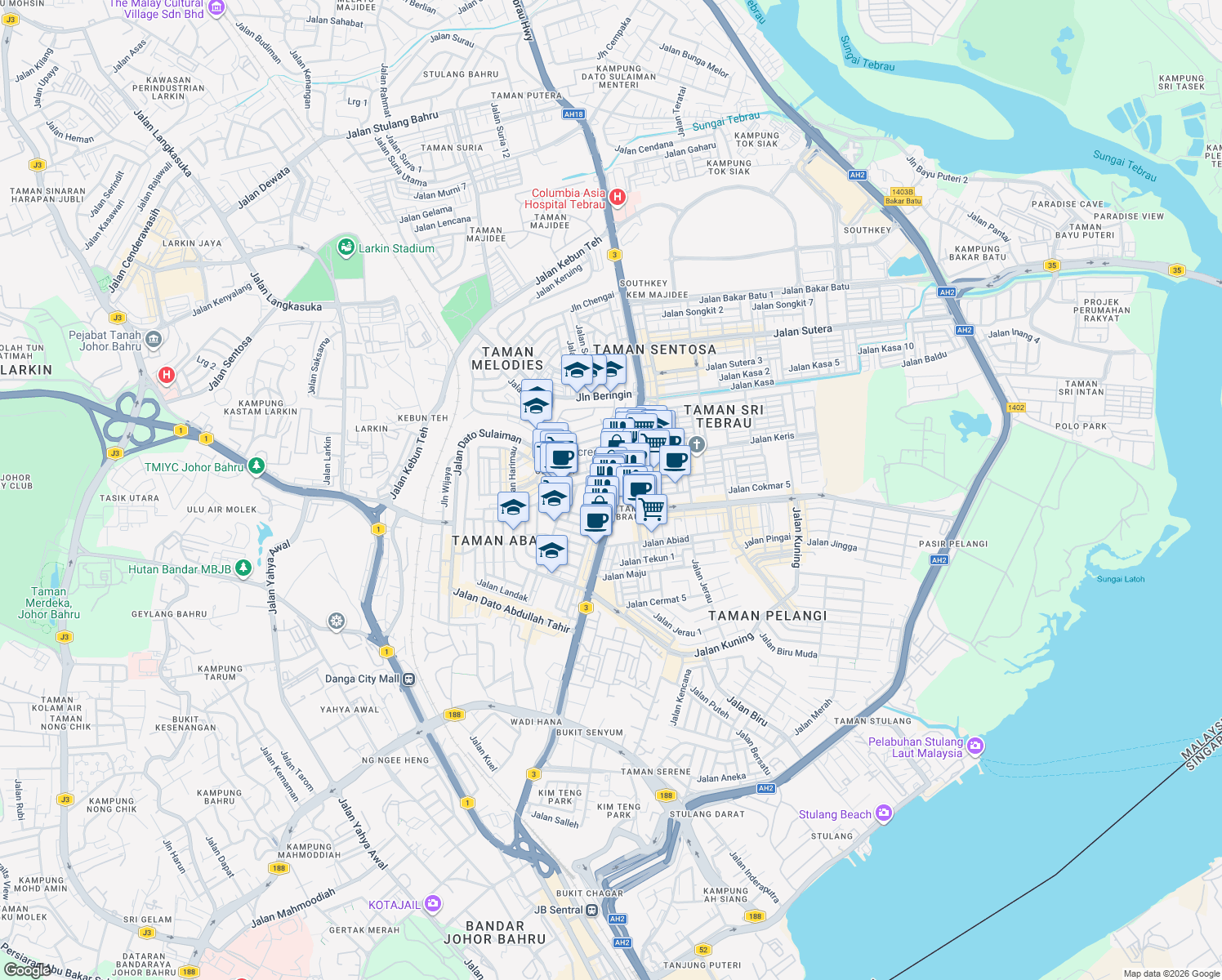 map of restaurants, bars, coffee shops, grocery stores, and more near 97 Jalan Harimau Tarum in Johor Bahru