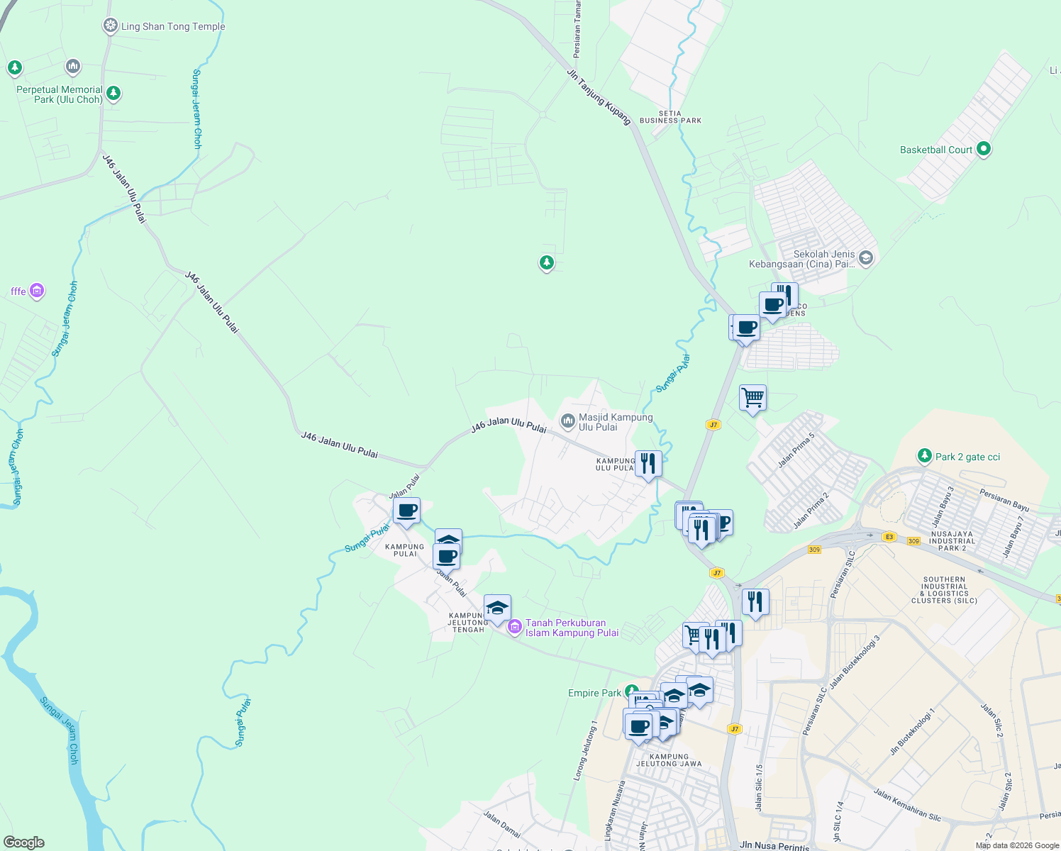 map of restaurants, bars, coffee shops, grocery stores, and more near J46 Jalan Ulu Pulai in Gelang Patah