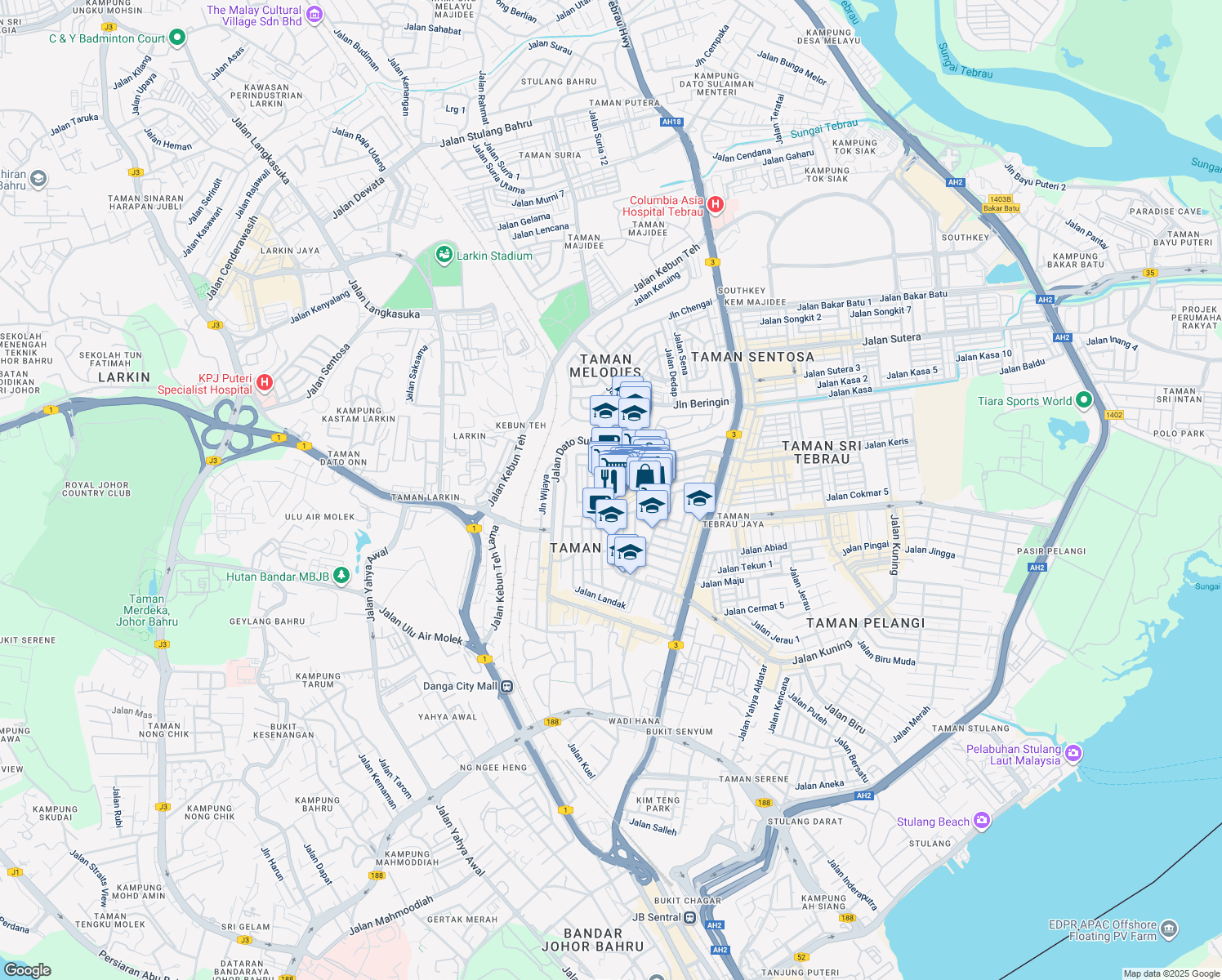map of restaurants, bars, coffee shops, grocery stores, and more near Jalan Harimau in Johor Bahru