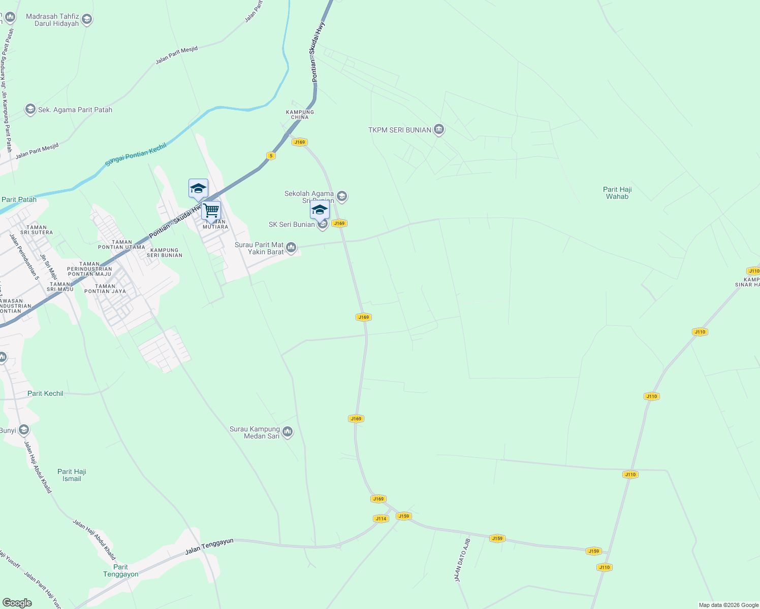 map of restaurants, bars, coffee shops, grocery stores, and more near Lorong Masjid in Pontian