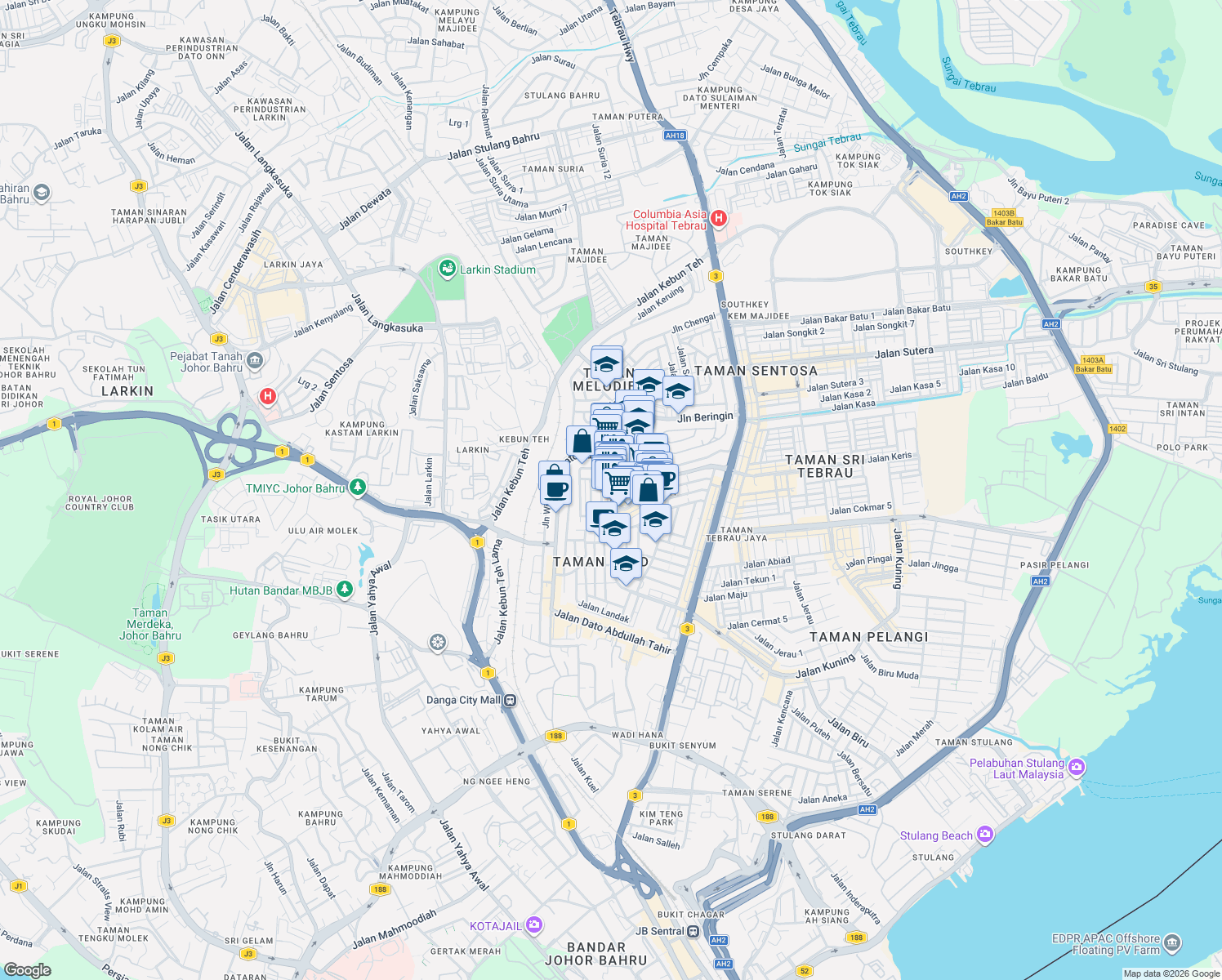 map of restaurants, bars, coffee shops, grocery stores, and more near Jalan Harimau in Johor Bahru