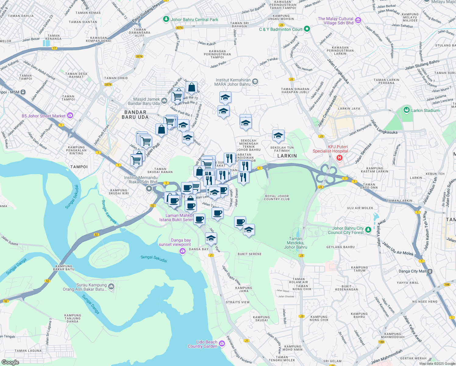 map of restaurants, bars, coffee shops, grocery stores, and more near 1 Jalan Jeram in Johor Bahru