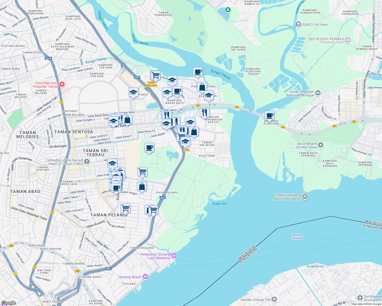map of restaurants, bars, coffee shops, grocery stores, and more near Jalan Sultanah Rogayah in Johor Bahru