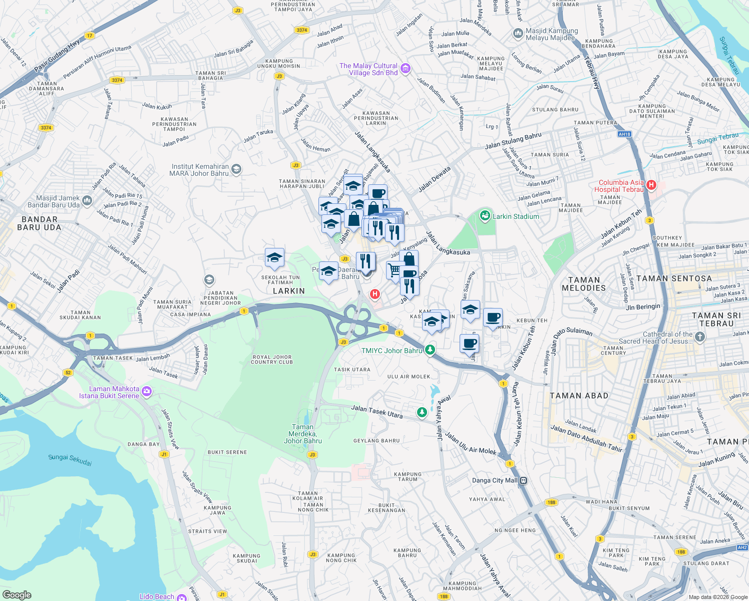 map of restaurants, bars, coffee shops, grocery stores, and more near 33 Jalan Tun Abdul Razak (Susur 5) in Johor Bahru