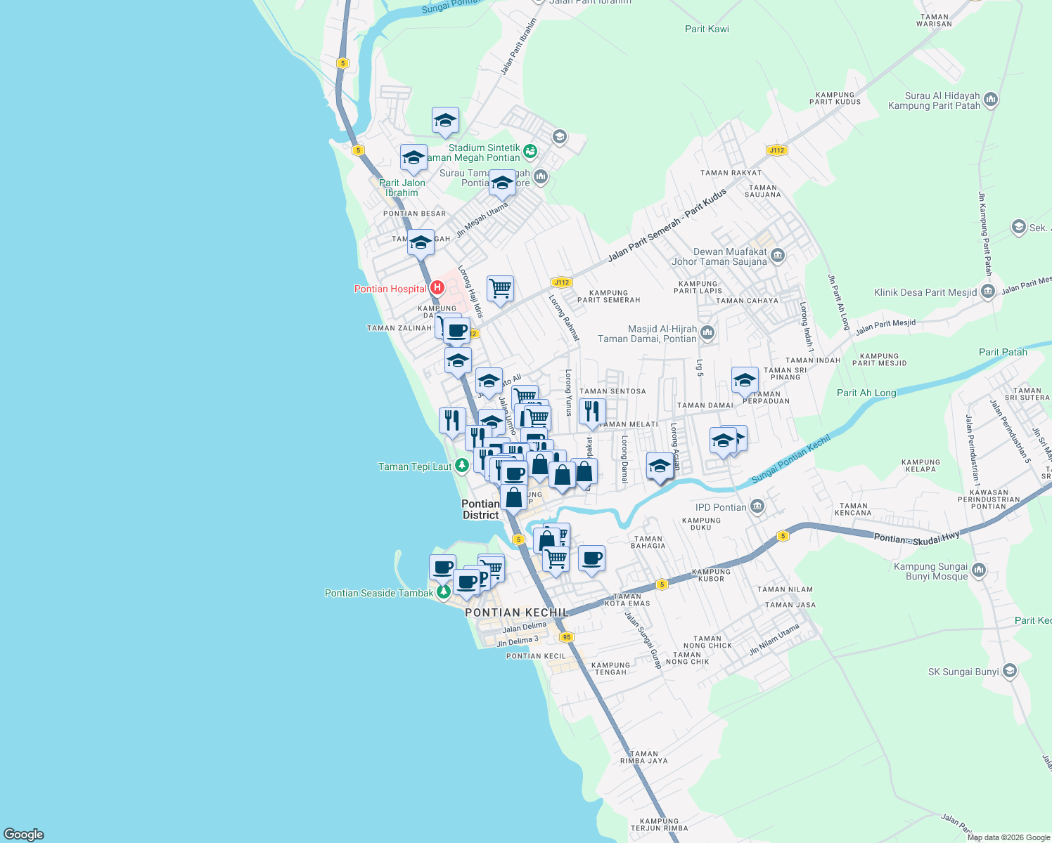 map of restaurants, bars, coffee shops, grocery stores, and more near Jalan Parit Mesjid in Pontian District