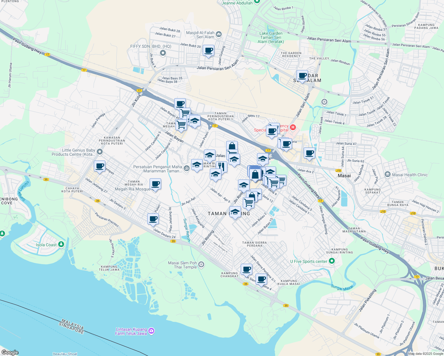 map of restaurants, bars, coffee shops, grocery stores, and more near Jalan Api - Api 4 in Masai