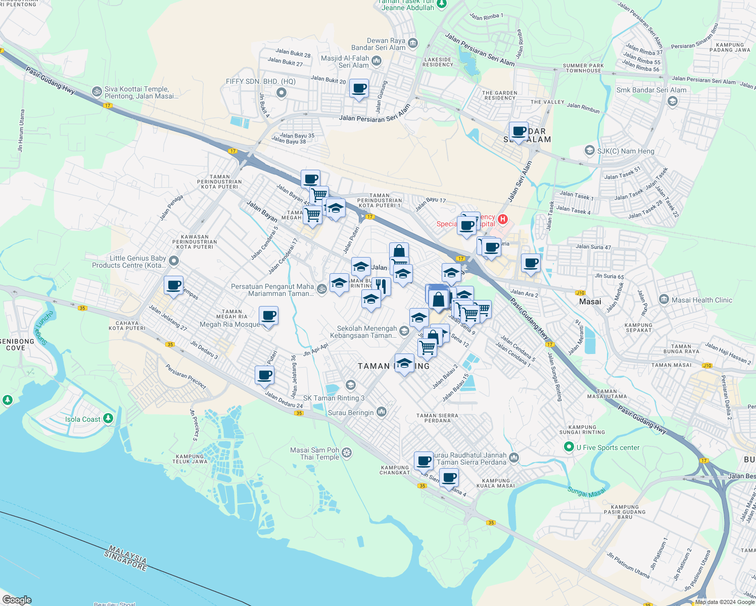 map of restaurants, bars, coffee shops, grocery stores, and more near Jalan Api - Api 4 in Masai