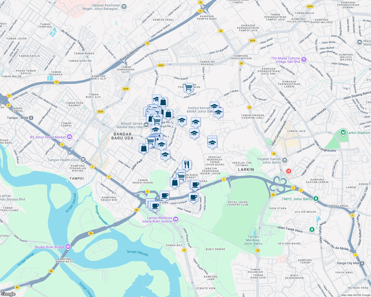 map of restaurants, bars, coffee shops, grocery stores, and more near Jalan Muafakat in Johor Bahru
