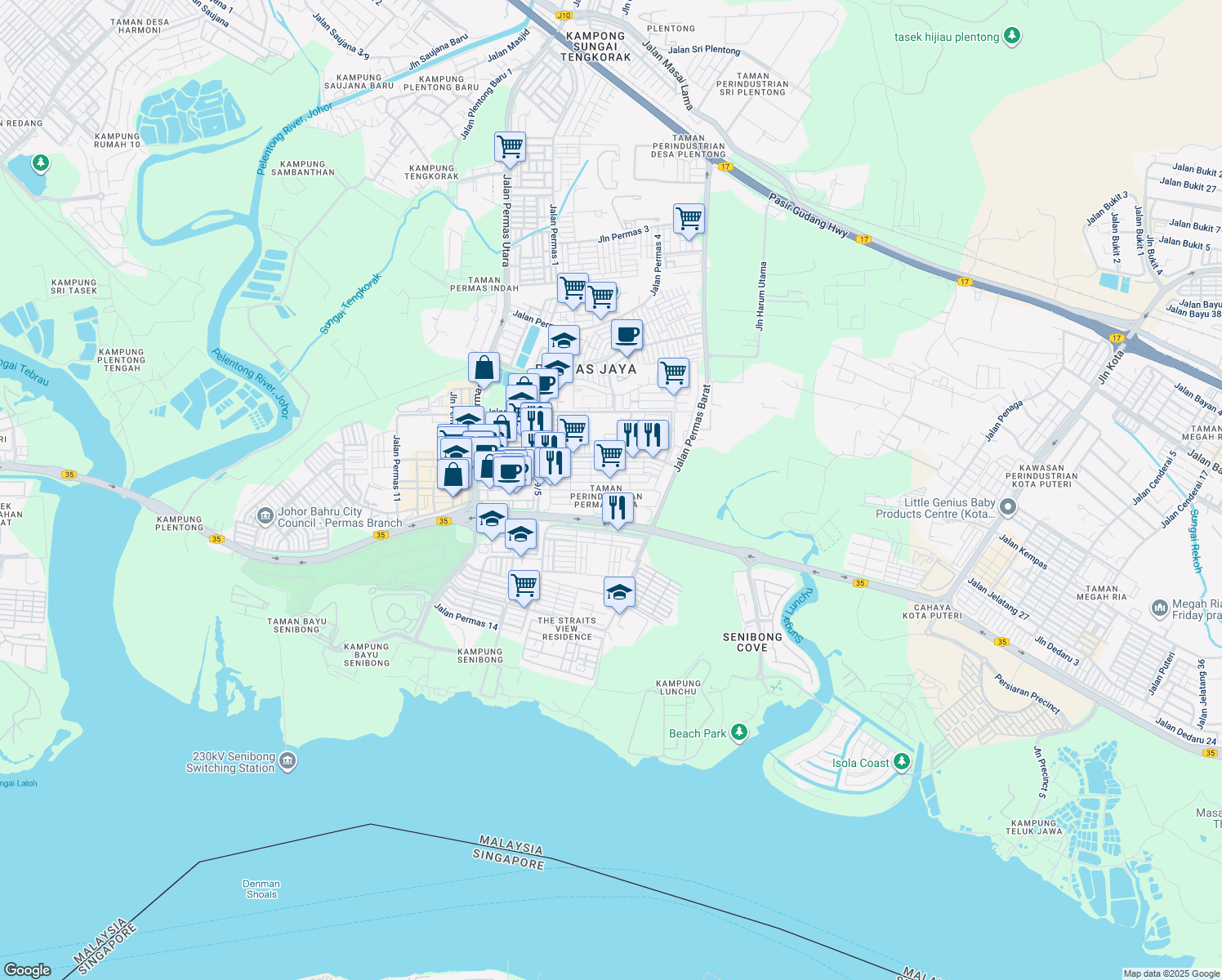 map of restaurants, bars, coffee shops, grocery stores, and more near Jalan Permas 9/13 in Masai